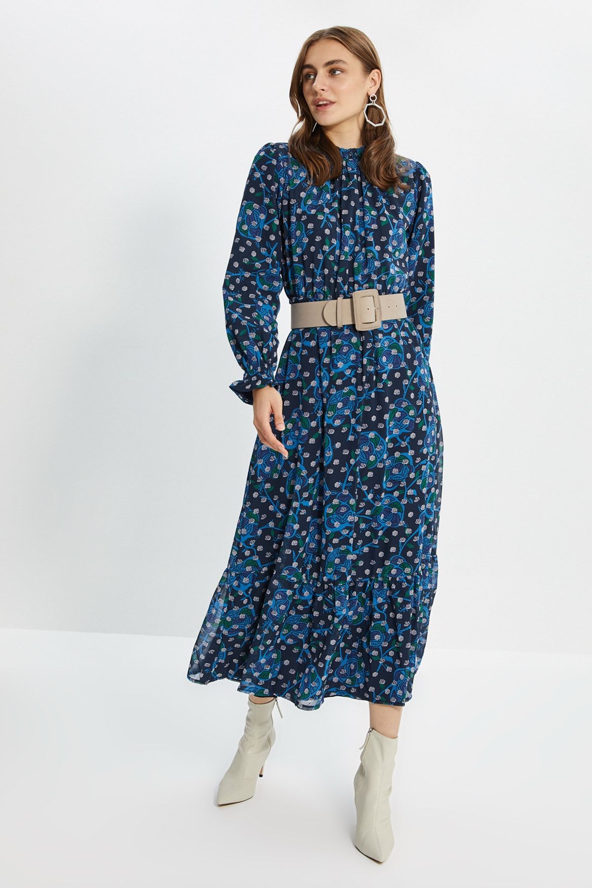 Trendyol Modest Mavi Astarlı Şifon Elbise TCTAW22EB0032