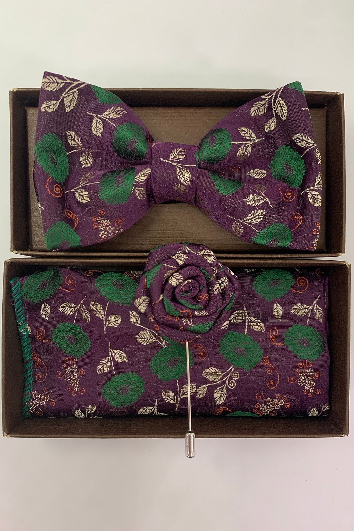 Quesste Accessory Mürdüm Desenli Papyon Mendil Yaka Iğneli Takım Set