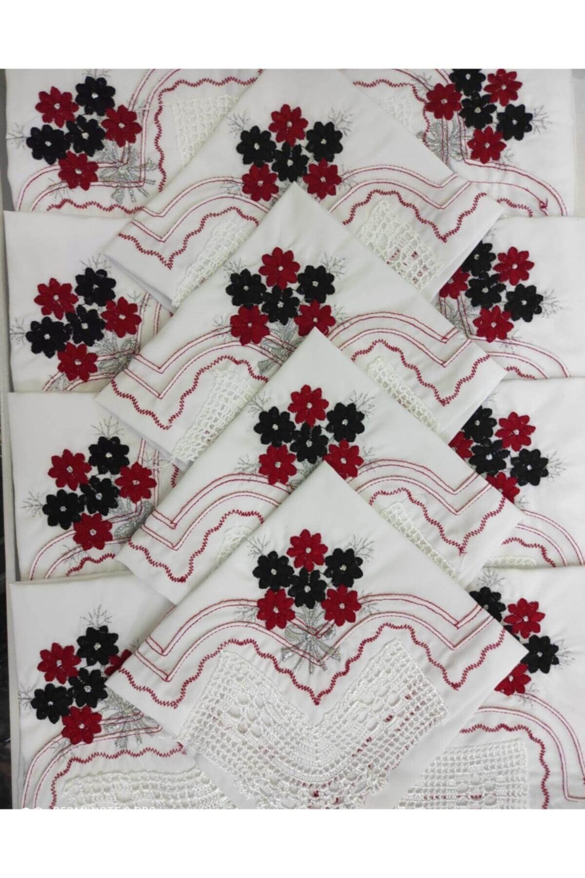 bursa çeyiz 22 Parça El Işi Dantel Mutfak Takımı Siyah - Kırmızı