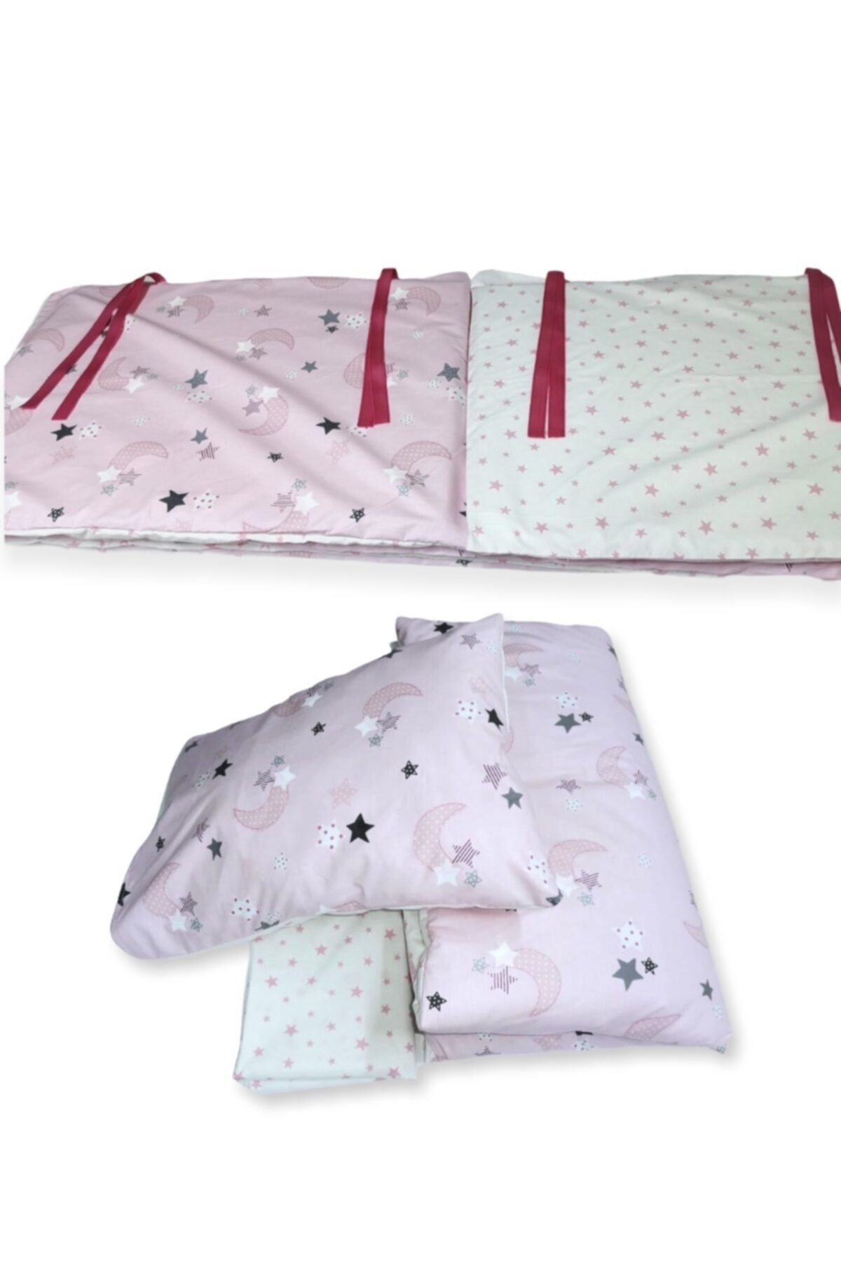 Bebek Özel %100 Pamuk 100x200 Montessori Kenar Koruma Uyku Seti Pembe Ay Yıldızlı (7 Parça)