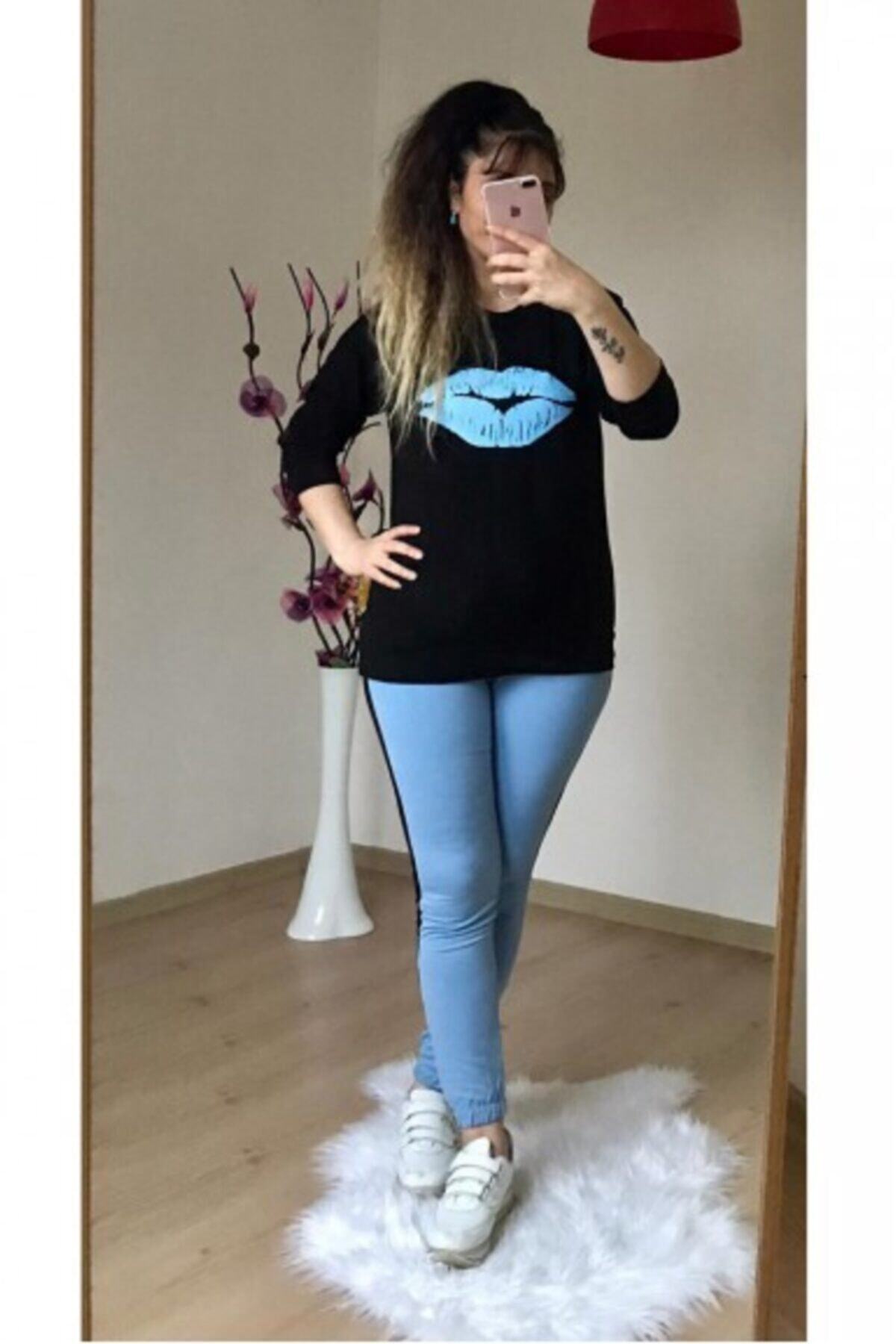 AZRA BUTİK Dudak Baskı Eşofman Takımı Mavi