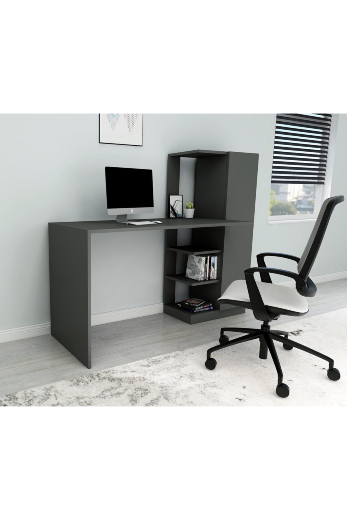 ARNETTİ Yağız Çalışma Masası Antrasit 74x120x55 Dolaplı Ve Raflı Dekoratif Tasarım Kolay Kurulum