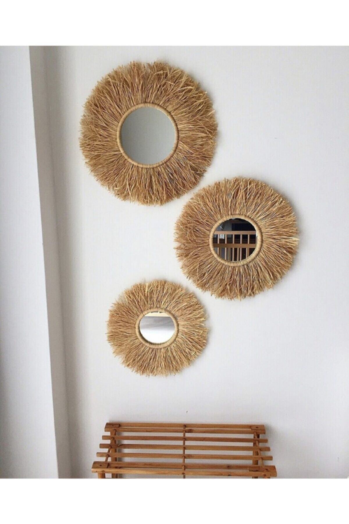 MY Golden Beauty Woodda Dekoratif Aynalı Rafya Duvar Süsü Bohemian Style 3 Adet 45 Cm