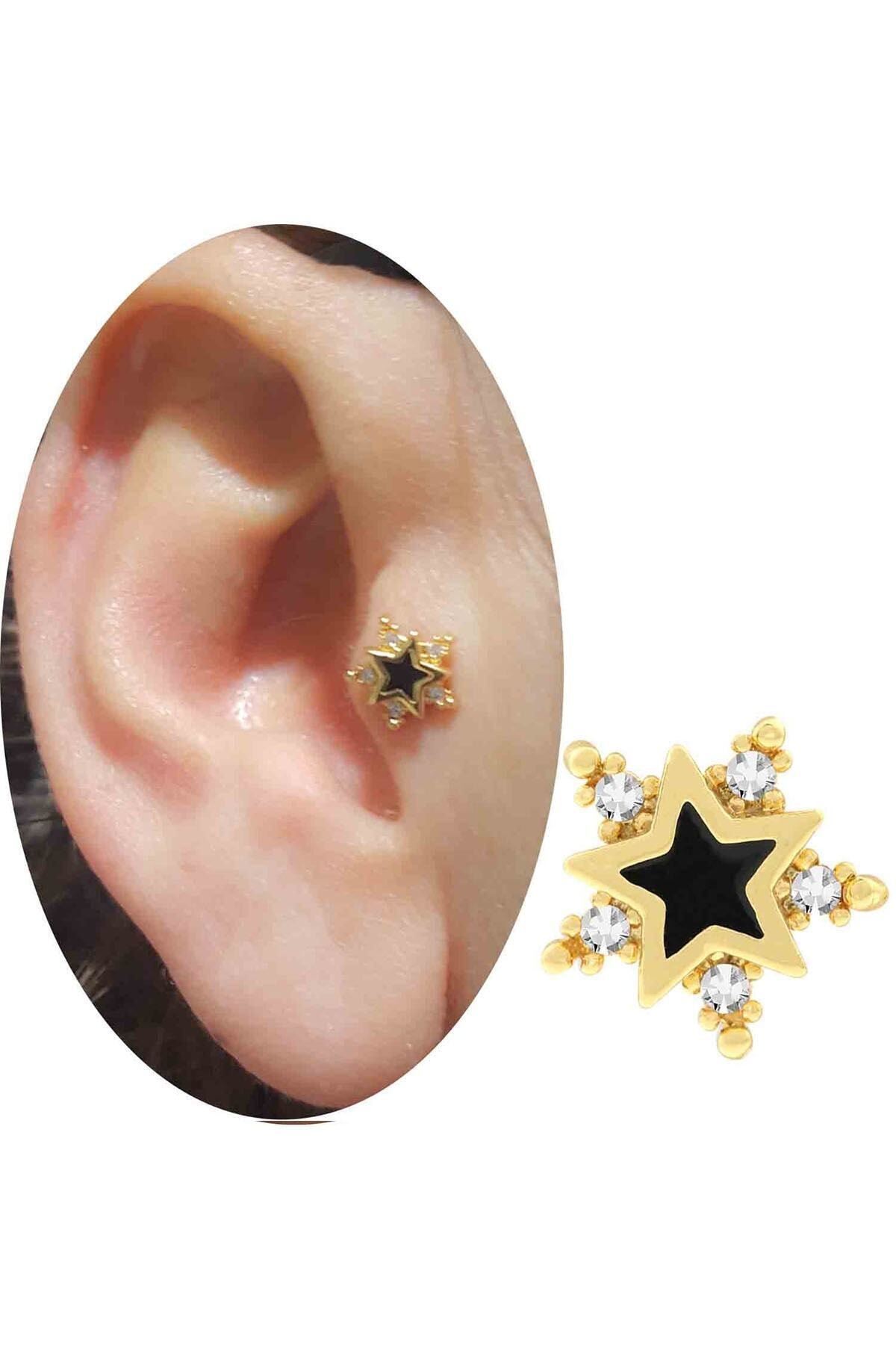 Cadının Dükkanı Cerrahi Çelik Gold Rengi Taşlı Yıldız Kulak-kıkırdak-helix Piercing