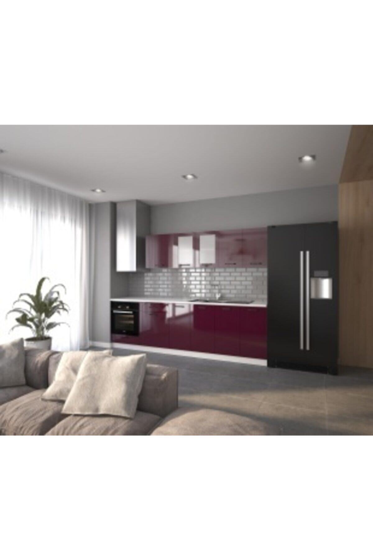 visasconcept 280 Cm Nilüfer Hazır Mutfak Dolabı Hıgh-gloss Cam Kapaklı Mürdüm