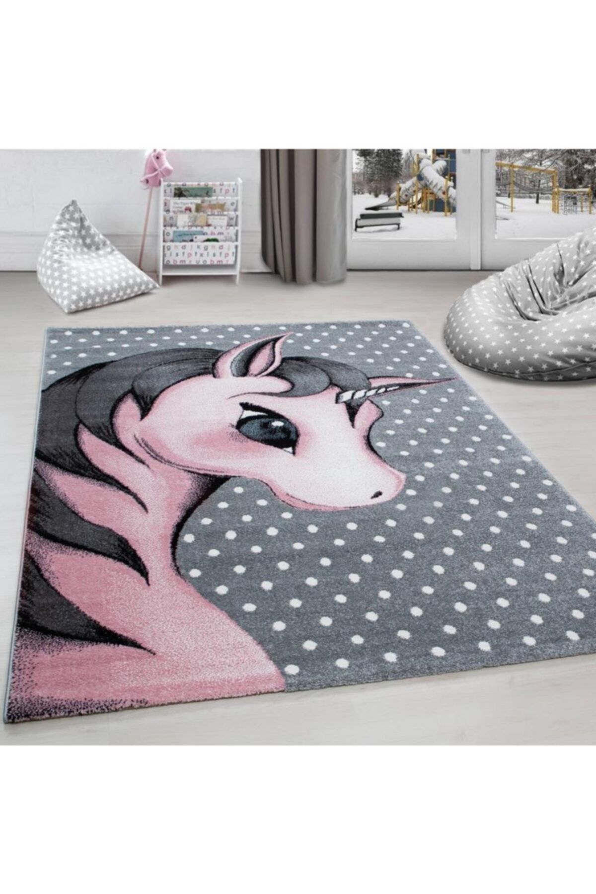 Pixel Çocuk Bebek Odası halısı Sevimli Unicorn desenli Puantiyeli gri Pembe