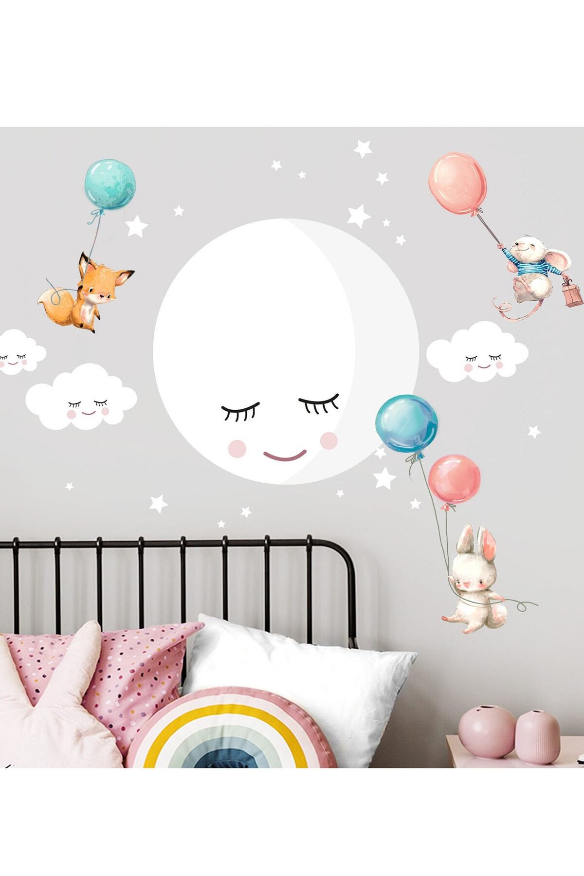DreamWallArt Ay - Bulut Ve Balonlu Sevimli Hayvanlar Duvar Sticker Seti Renkli
