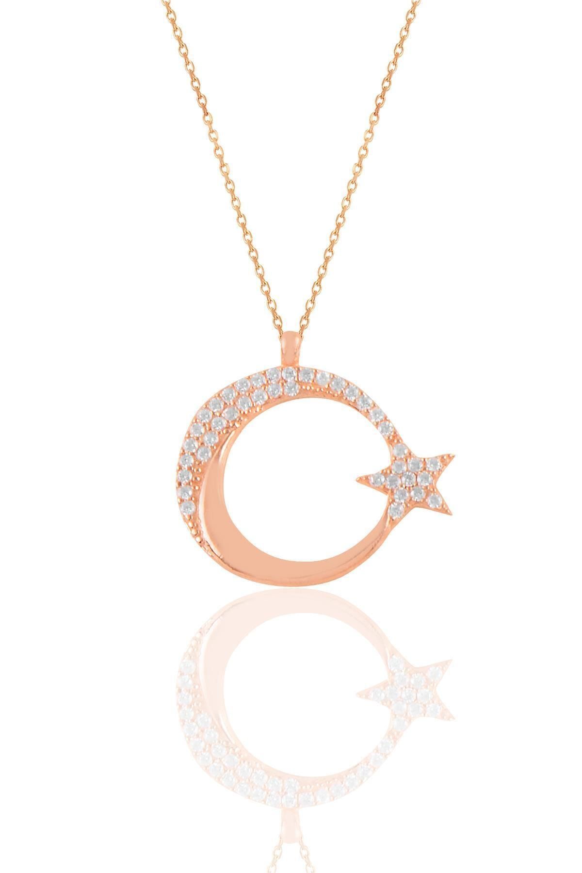 Söğütlü Silver Gümüş Rose Zirkon Taşlı Ay Yıldız Kolye