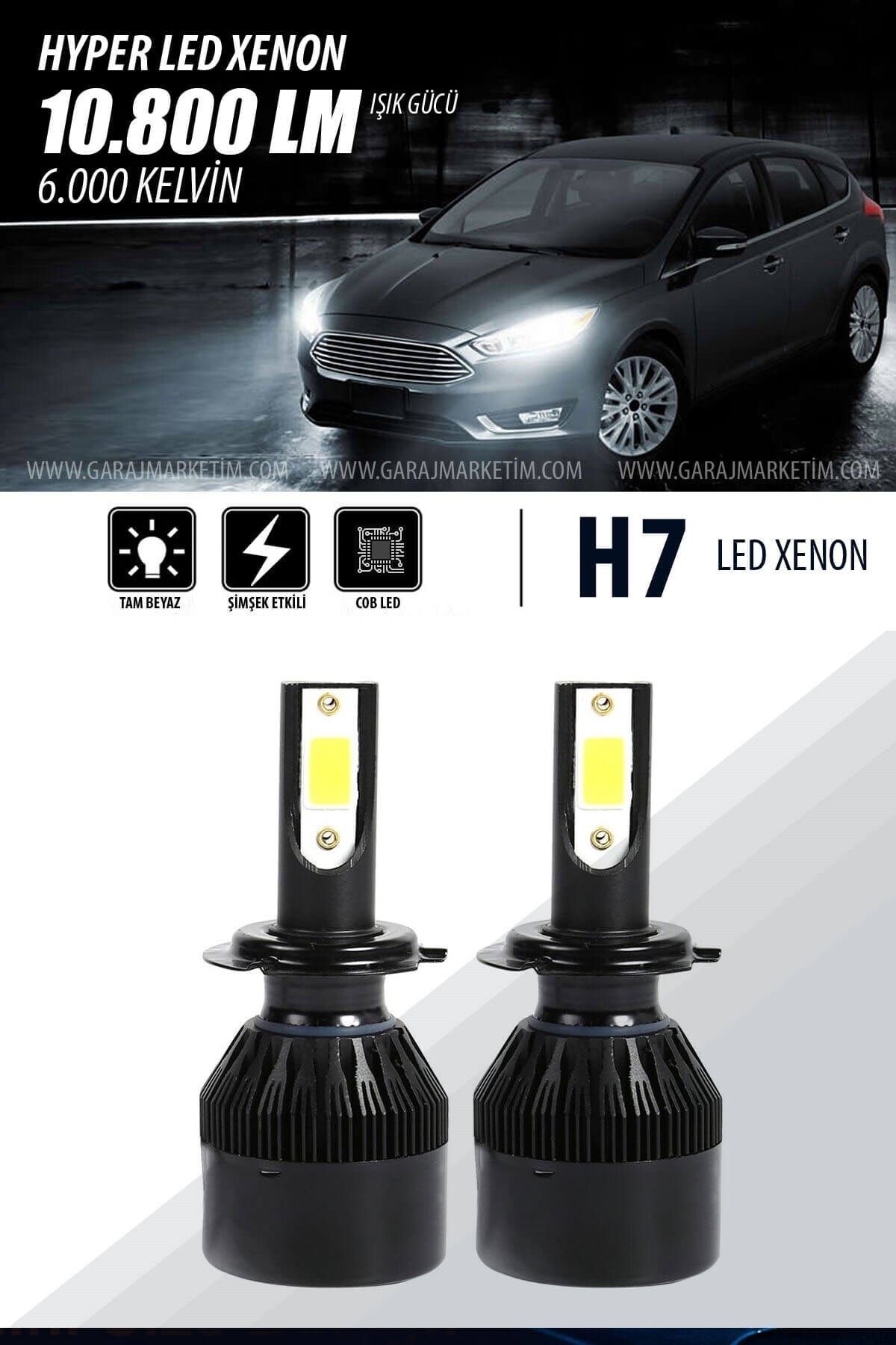 Garaj Marketim Hyper Led Xenon H7 Turbo Fanlı Yeni Nesil Şimşek Etkili Beyaz 10800lm 6000 Kelvin