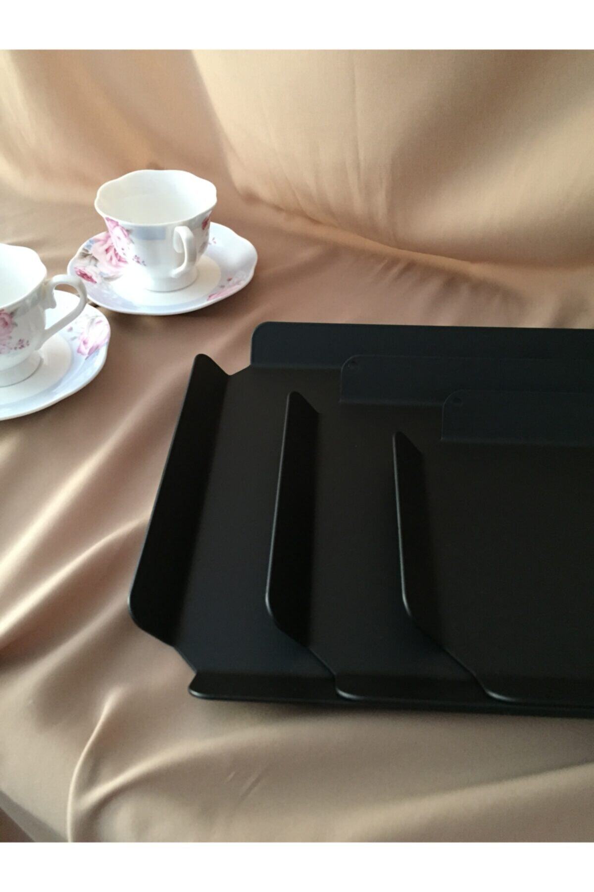 Rosyvien 3'lü Metal Tepsi Seti, Siyah Dikdörtgen Sunum Ve Servis Tepsisi, Dekoratif Küçük Orta Büyük Boy