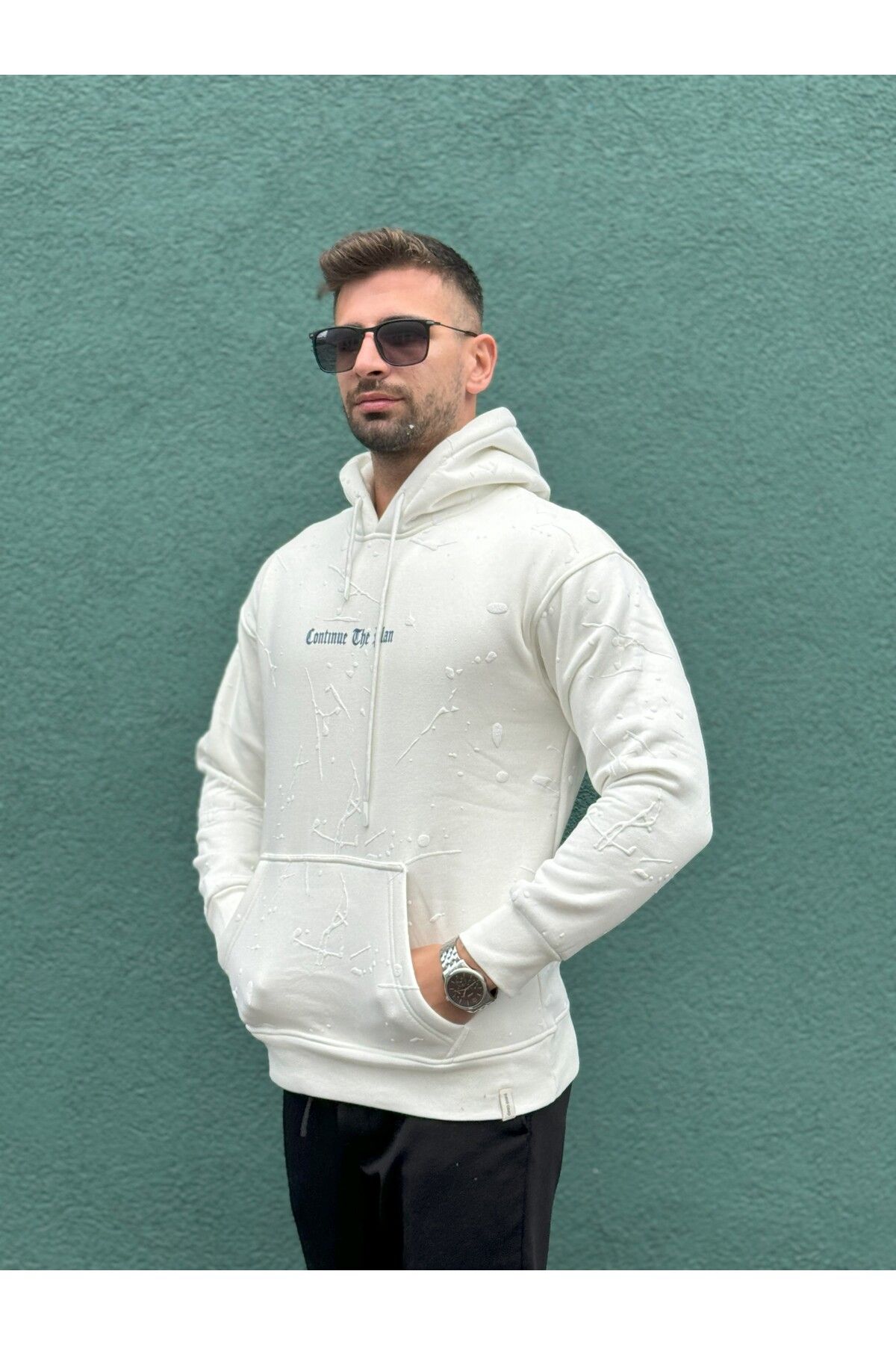 Kapüşonlu Üç İplik Baskılı Yarım Oversize Sweatshirt