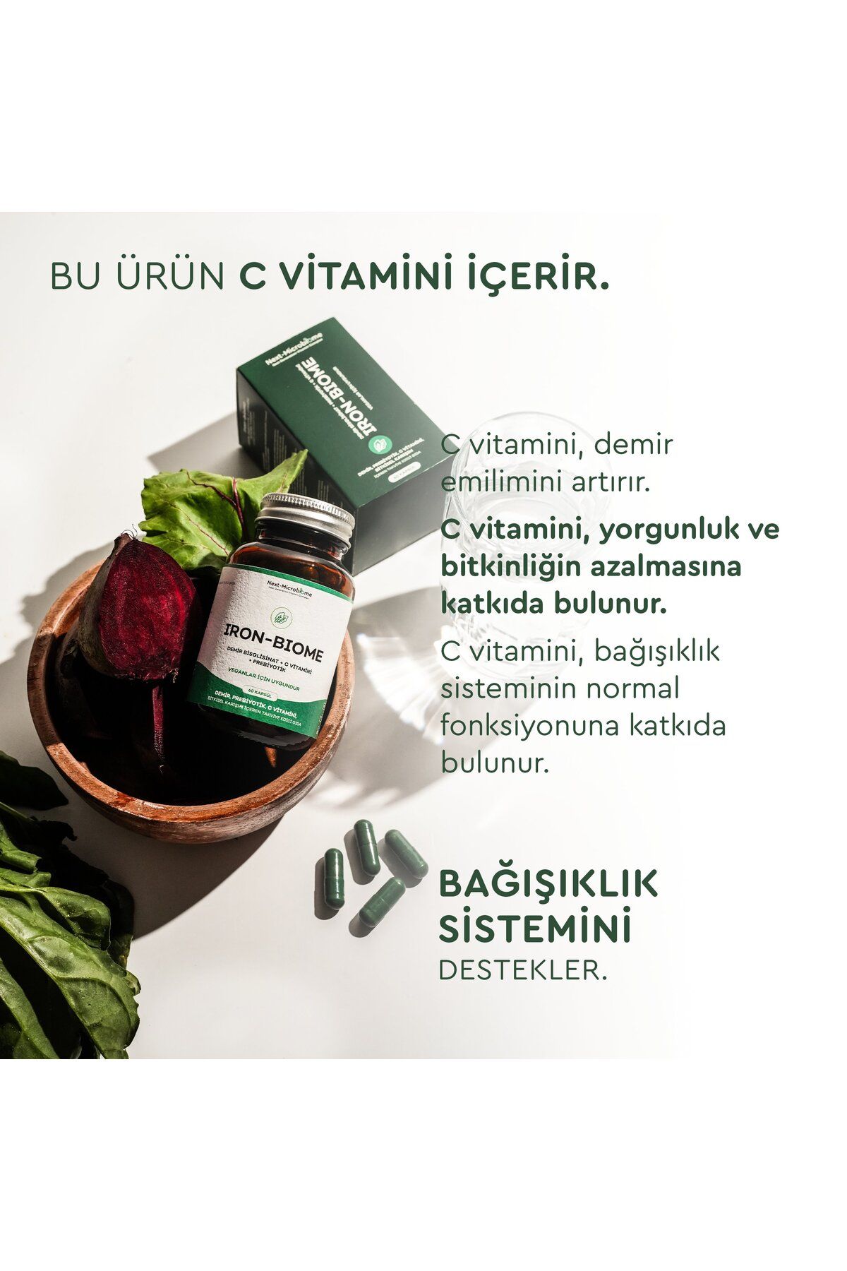 Iron-Biome Demir, Prebiyotik, C-Vitamini, Bitkisel Karışım İçeren Takviye Edici Gıda (60 Kapsül)