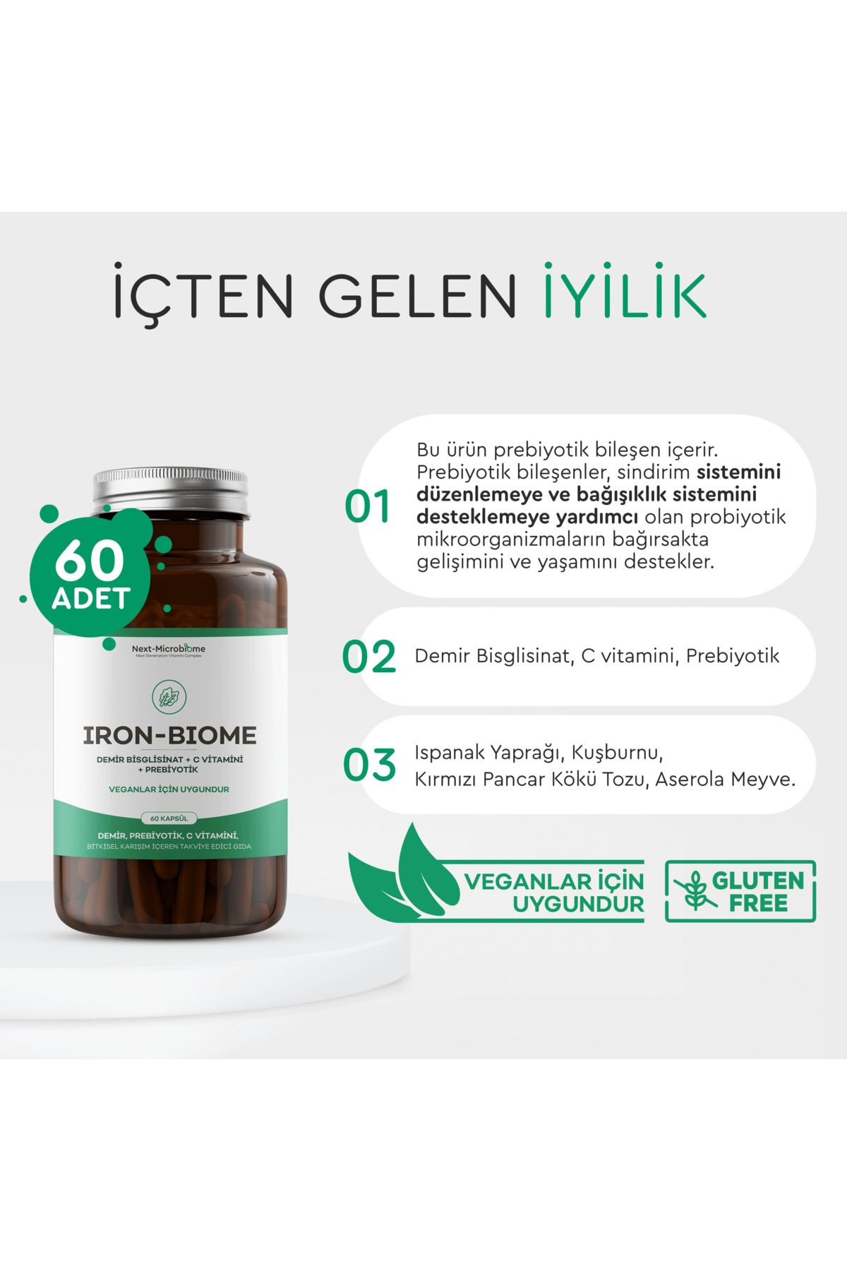 Iron-Biome Demir, Prebiyotik, C-Vitamini, Bitkisel Karışım İçeren Takviye Edici Gıda (60 Kapsül)