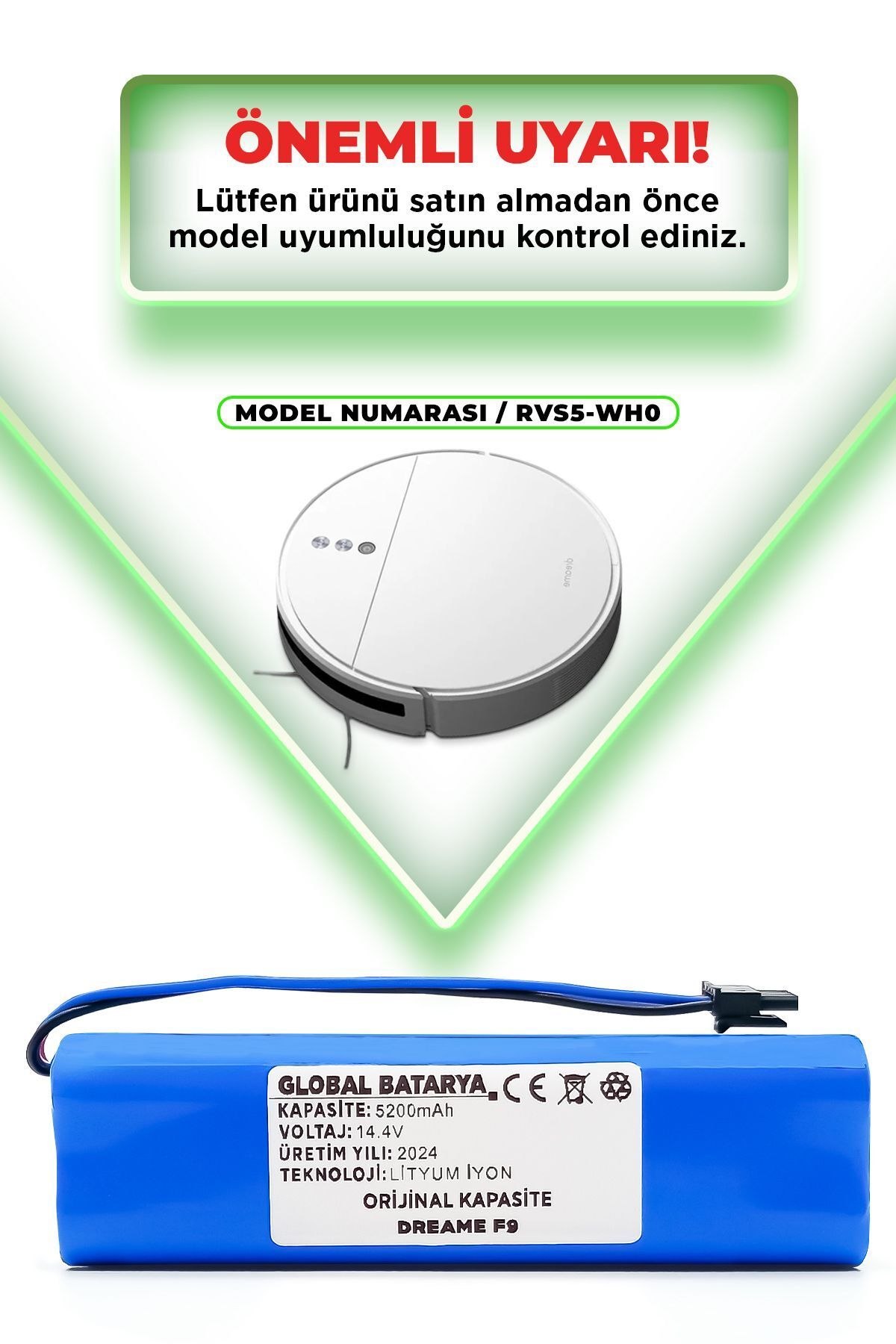 Dreame F9 Akıllı Robot Süpürge Bataryası 14.4v 5200mah Li-ion Pil (ORİJİNAL KAPASİTE)