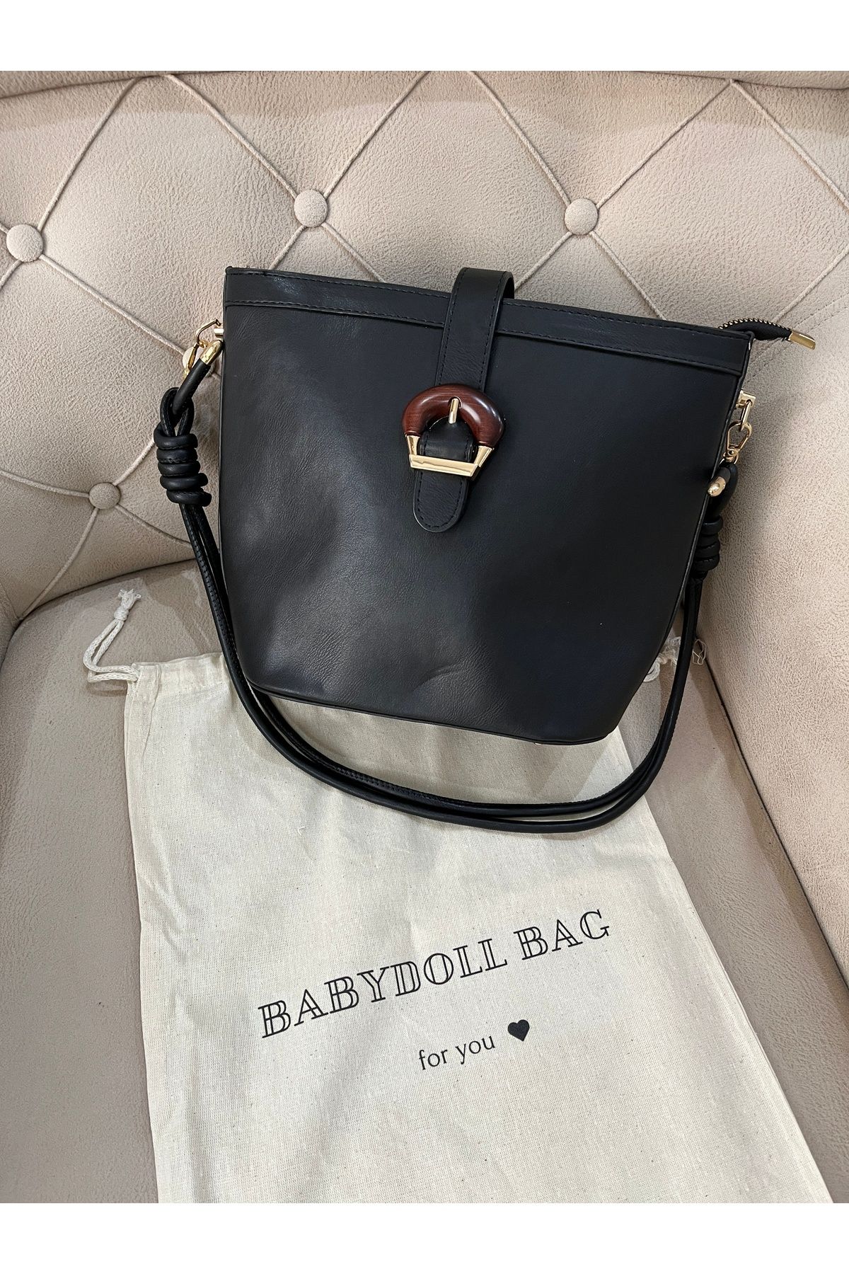 Babydoll Bag Kadın AhşapTokalı Çift Askılı Om...