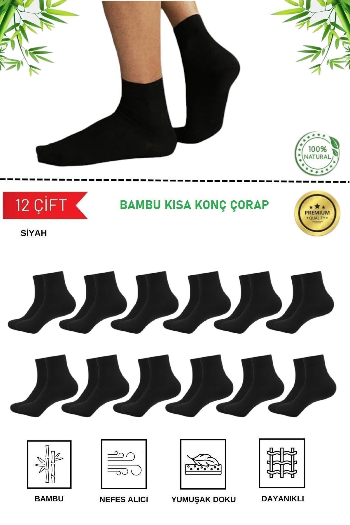 MISTERO SOCKS12 Çift BambuKısa Konç Unisex Ço...