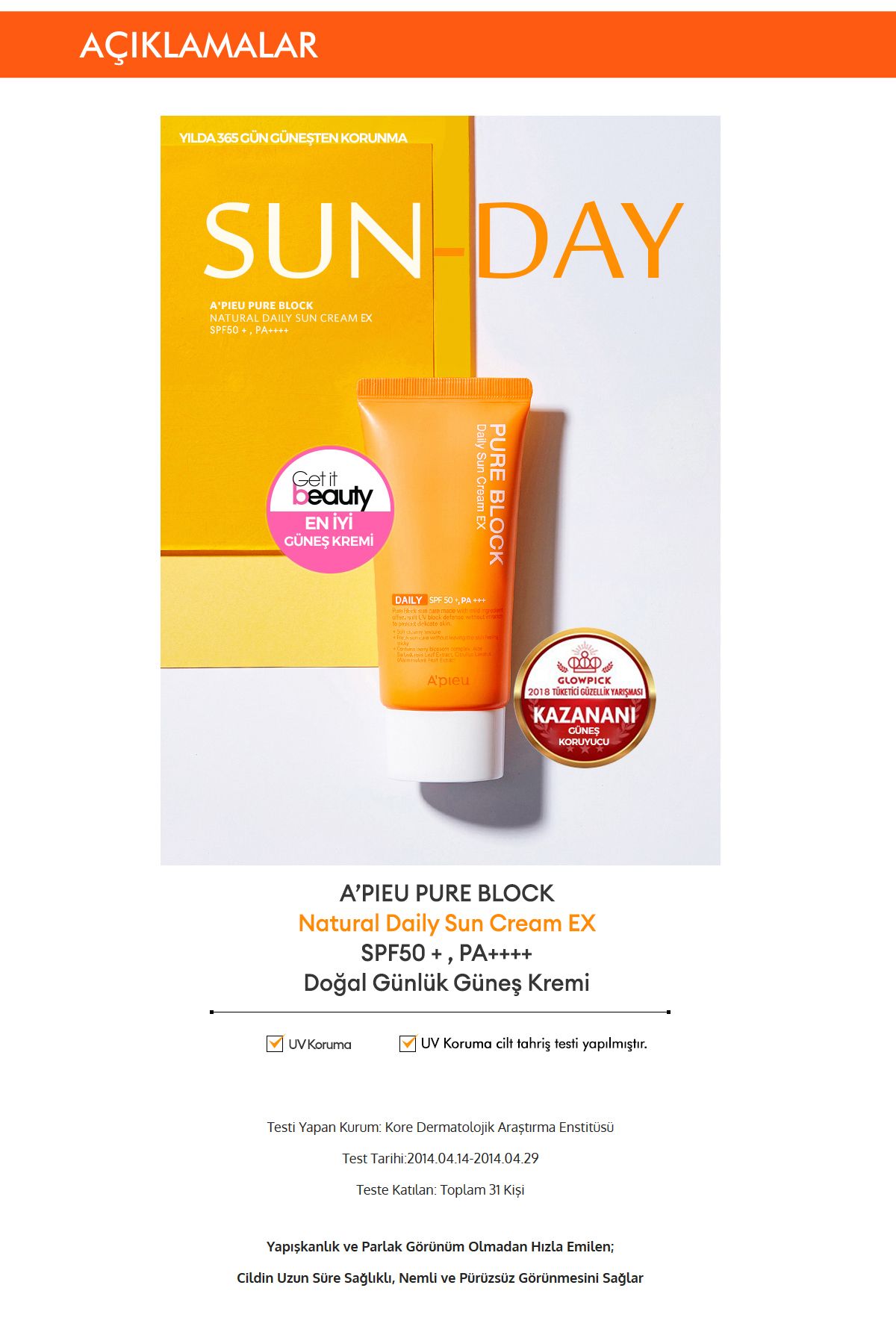 Yapışkan His Bırakmayan Güneş Koruyucu APIEU Pure Block Natural Daily Sun Cream EX SPF50+/PA++++50ml