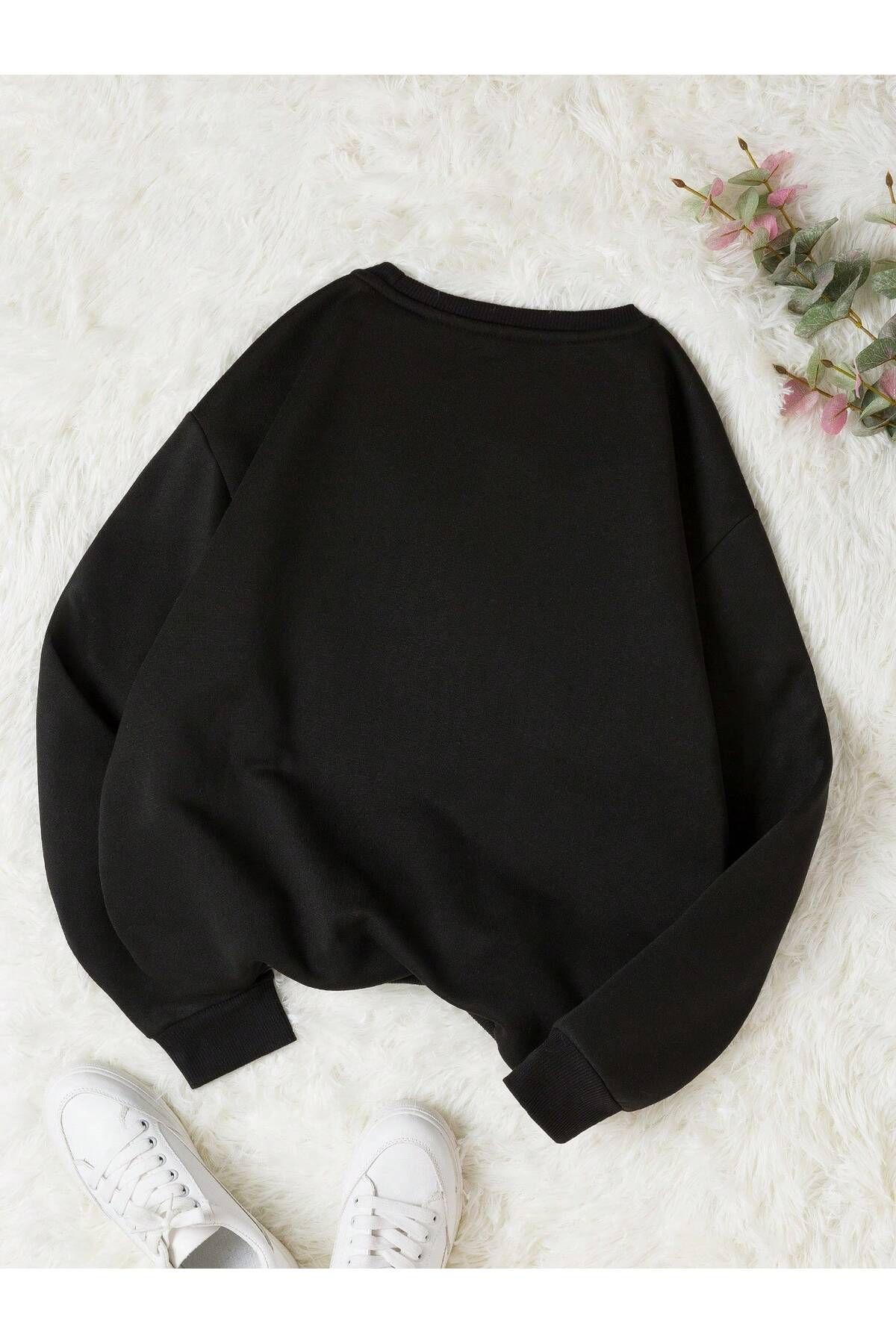 Ayıcık Baskılı Bisiklet Yaka Unisex Siyah Oversize Sweatshirt