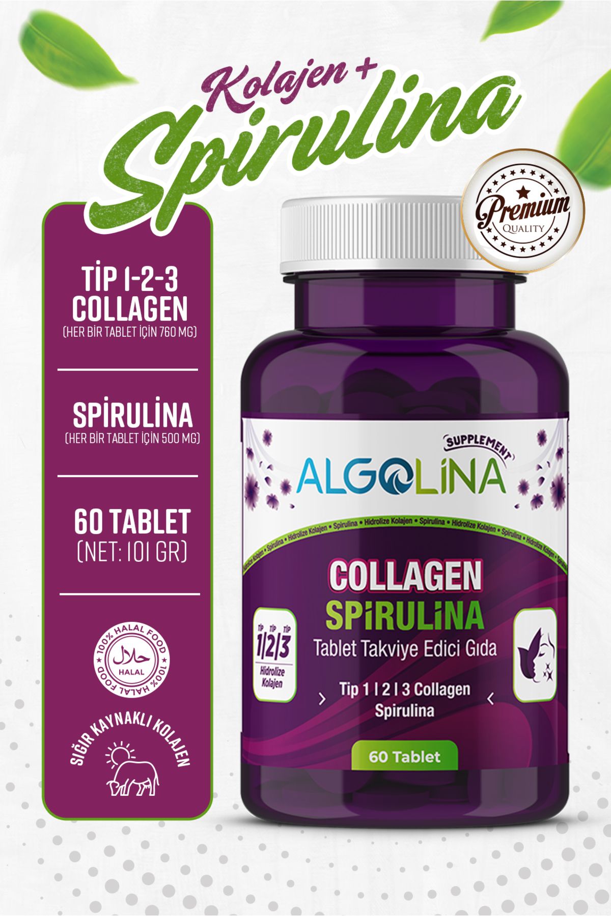 Collagen+spirulina Tablet Takviye Edici Gıda -1260 Mg 60 Tablet-(kolajen Tip 123) (2 Adet)