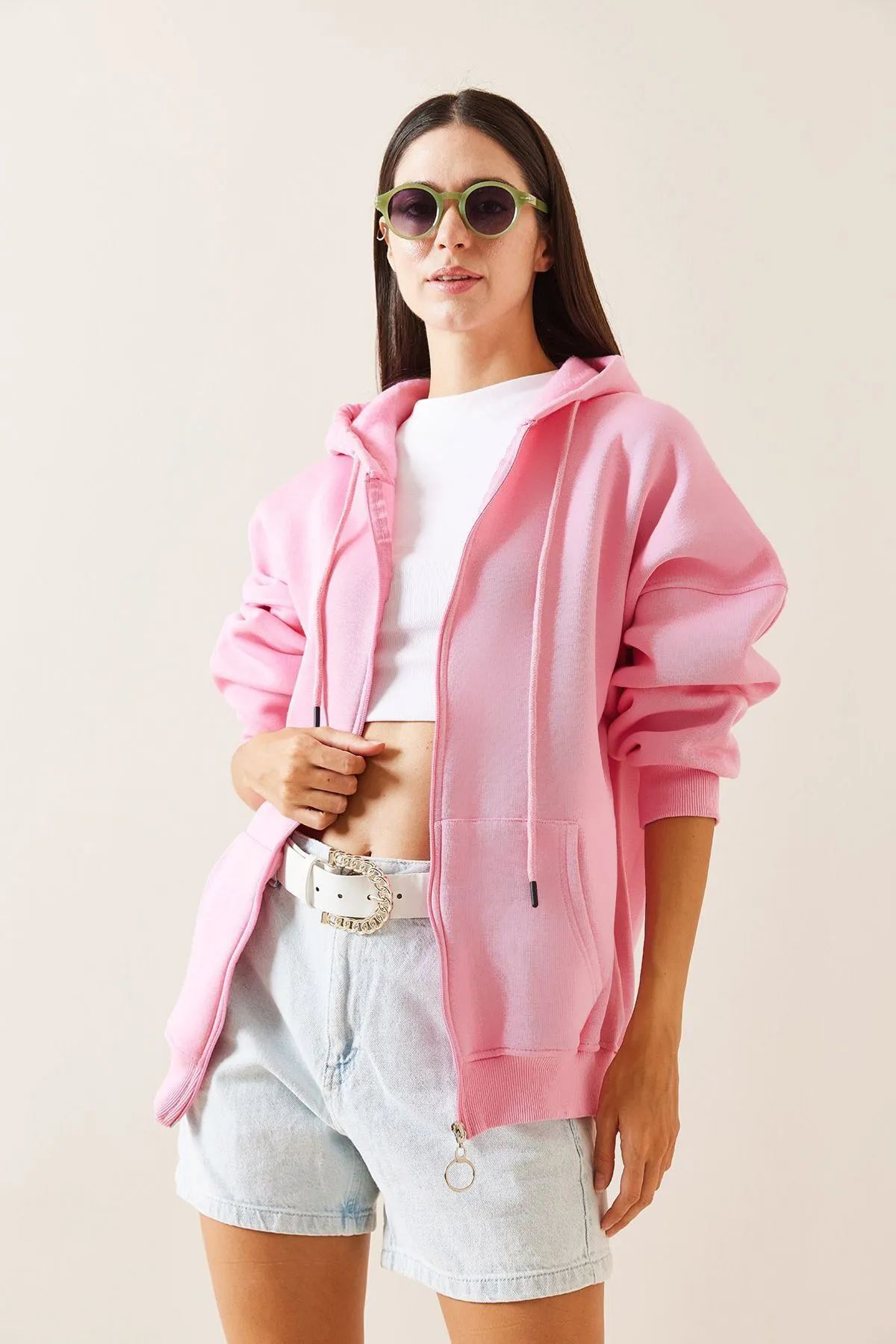 Pudra Kapüşonlu Fermuarlı Oversize Sweatshirt