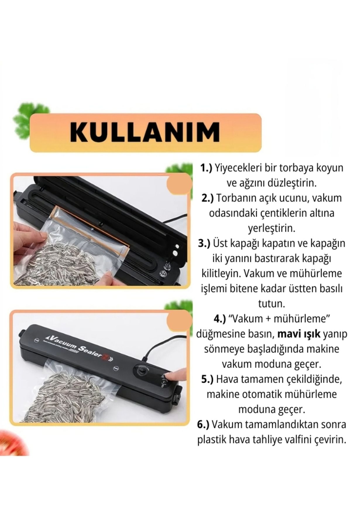 Gıda Vakum Ve Mühürleme Makinesi- Yiyecek Tazeliği Koruma Ev Ve Restoran- 10 Adet Vakum Torbası