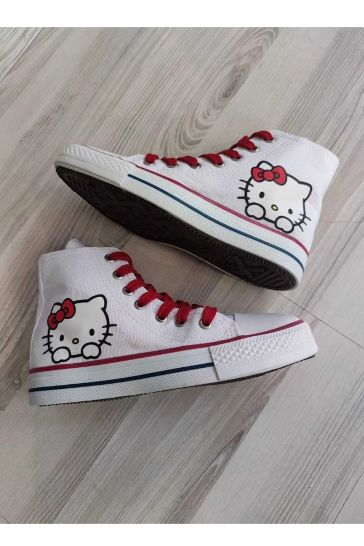 Siyah BEYAZ - Hello Kitty Baskılı Bağcıklı Keten Spor Bilekli Uzun Ayakkabı Sneaker