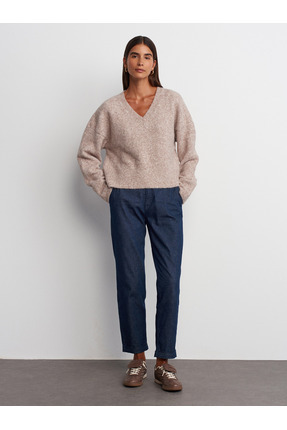 10645 V Yaka Yumuşak Dokulu Triko Kazak-Vizon M. Image 2