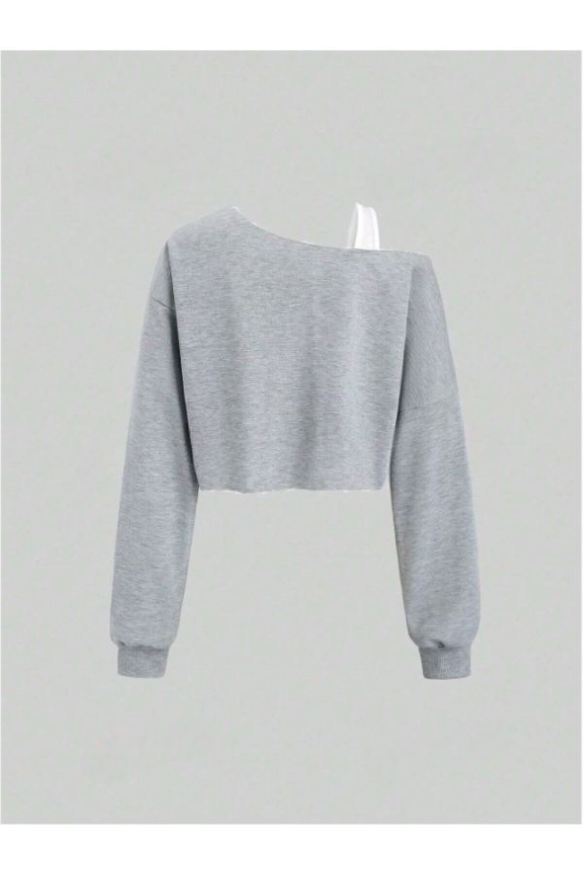 Kadın Tek Omuz Kalın Askılı Oversize Crop Sweatshirt