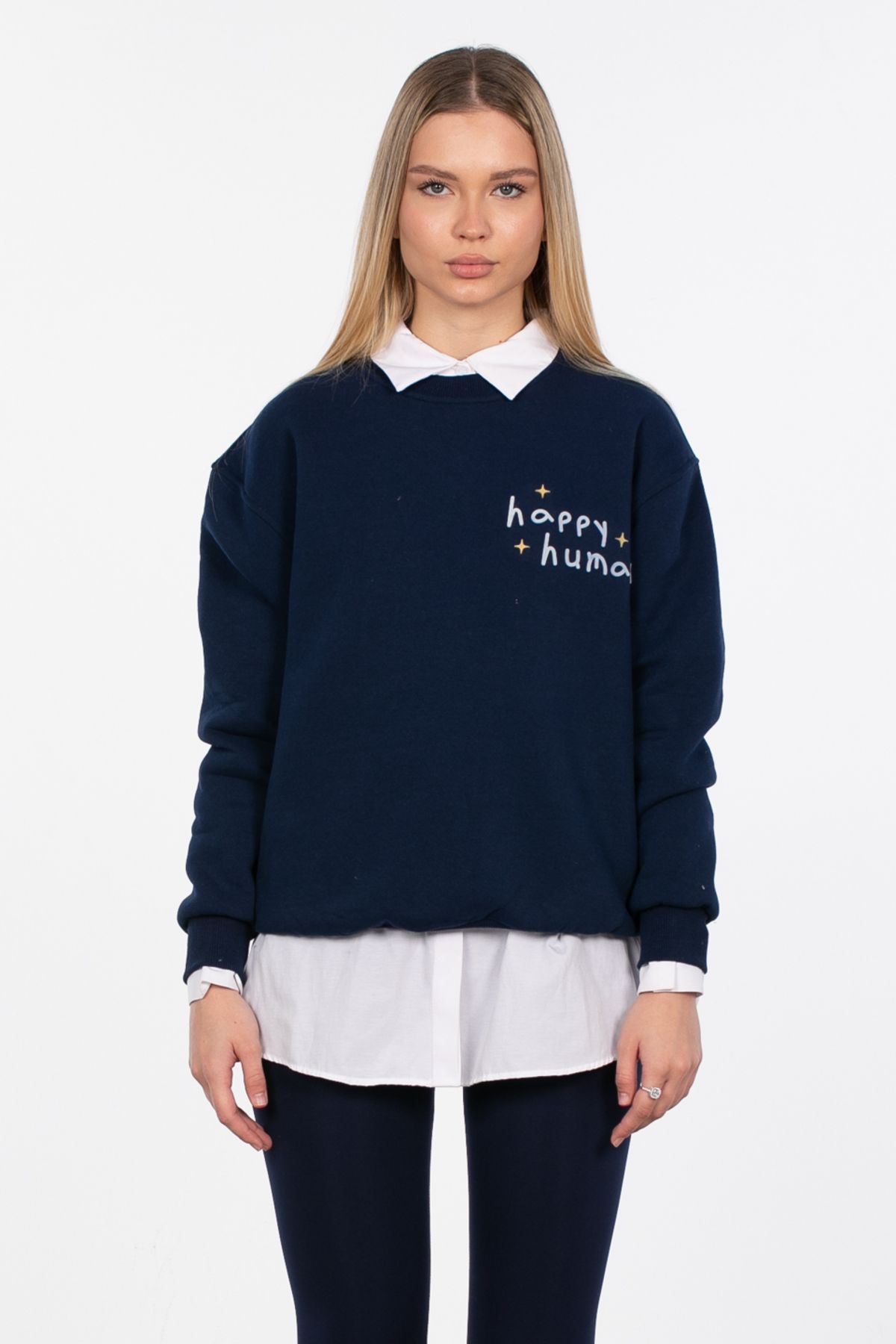 Happy Human Baskılı Sweatshirt - Lacivert