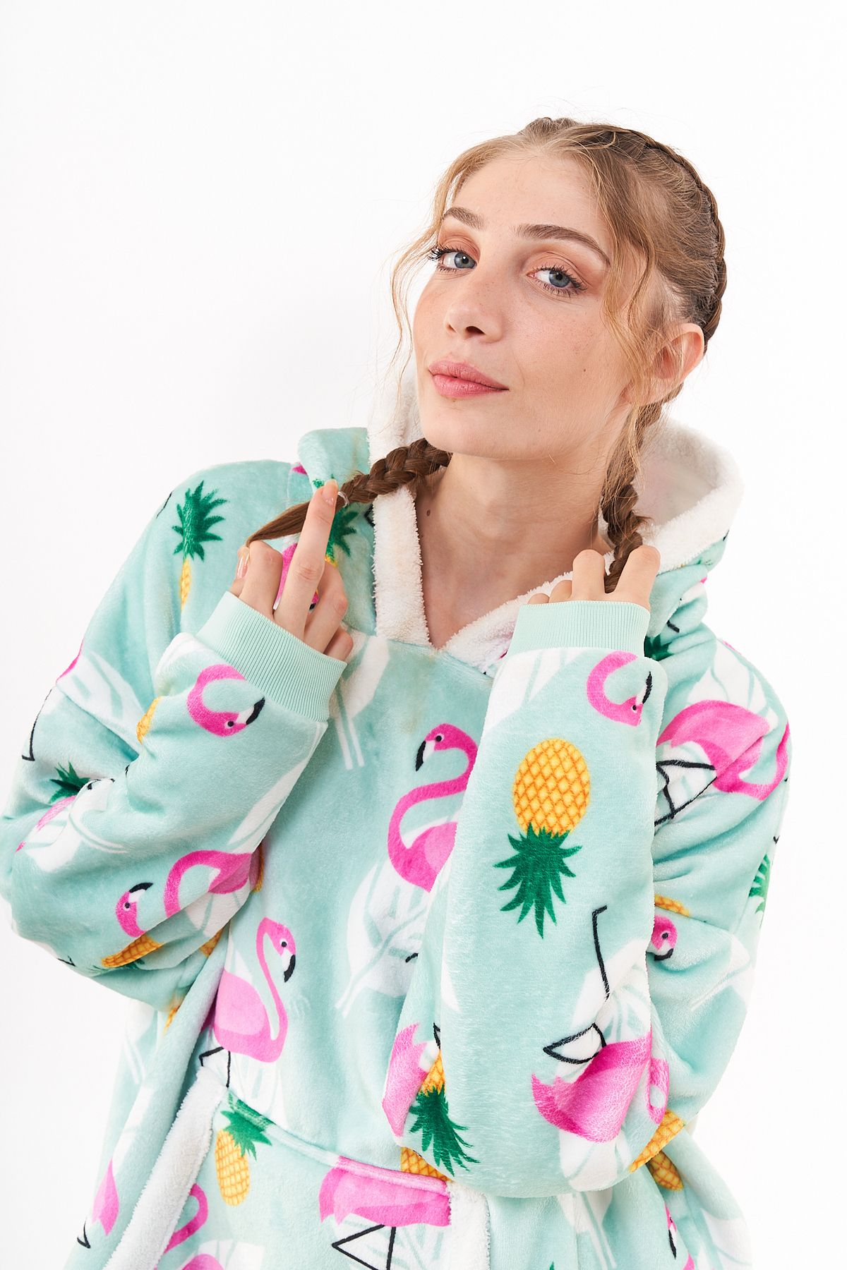 Oversize Flamingo Baskılı Kapüşonlu Hoodie / Sweatshirt - Giyilebilir Battaniye