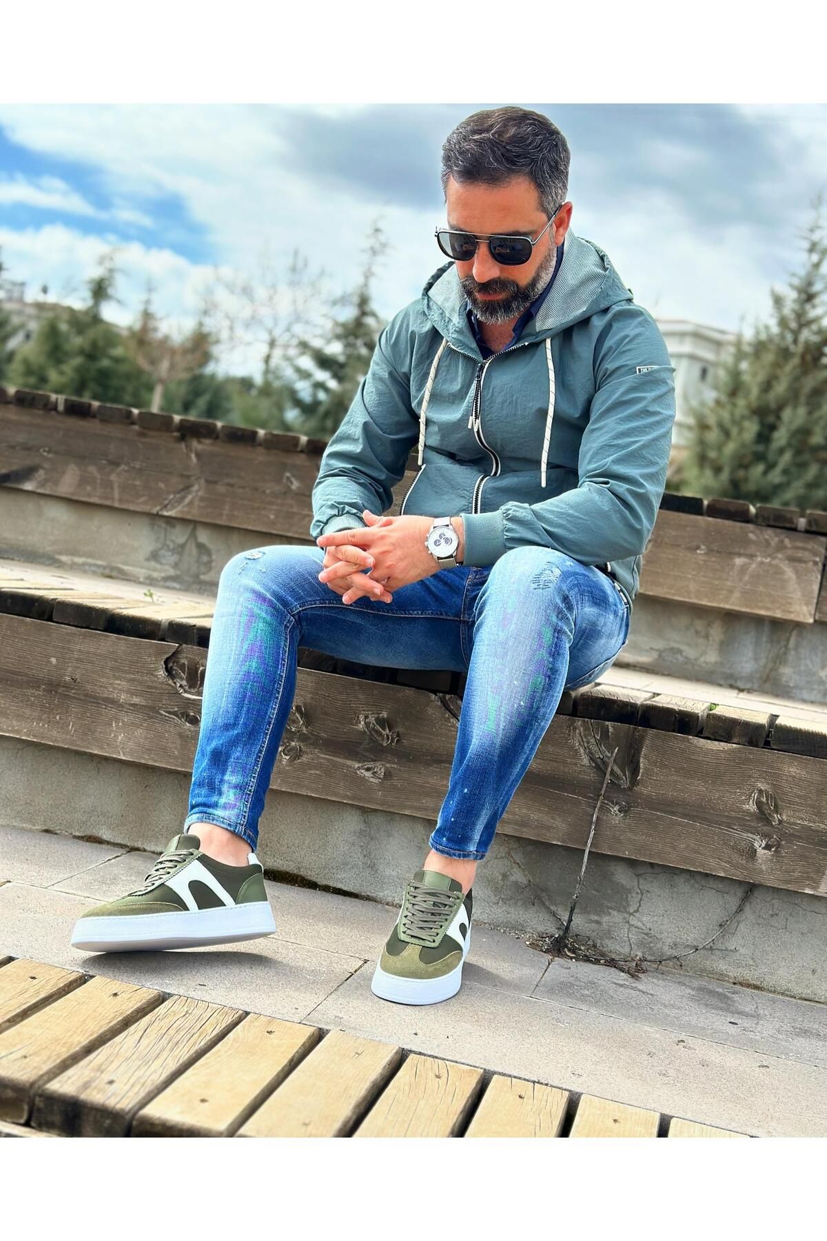 6459 HAKİKİ DERİ HAKİ YEŞİL ERKEK SNEAKER AYAKKABI