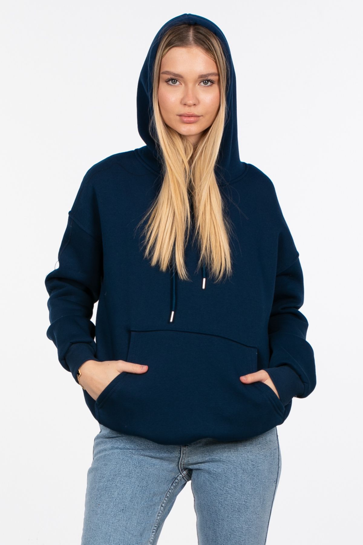 Kapüşonlu Kanguru Cepli Sweatshirt - Lacivert