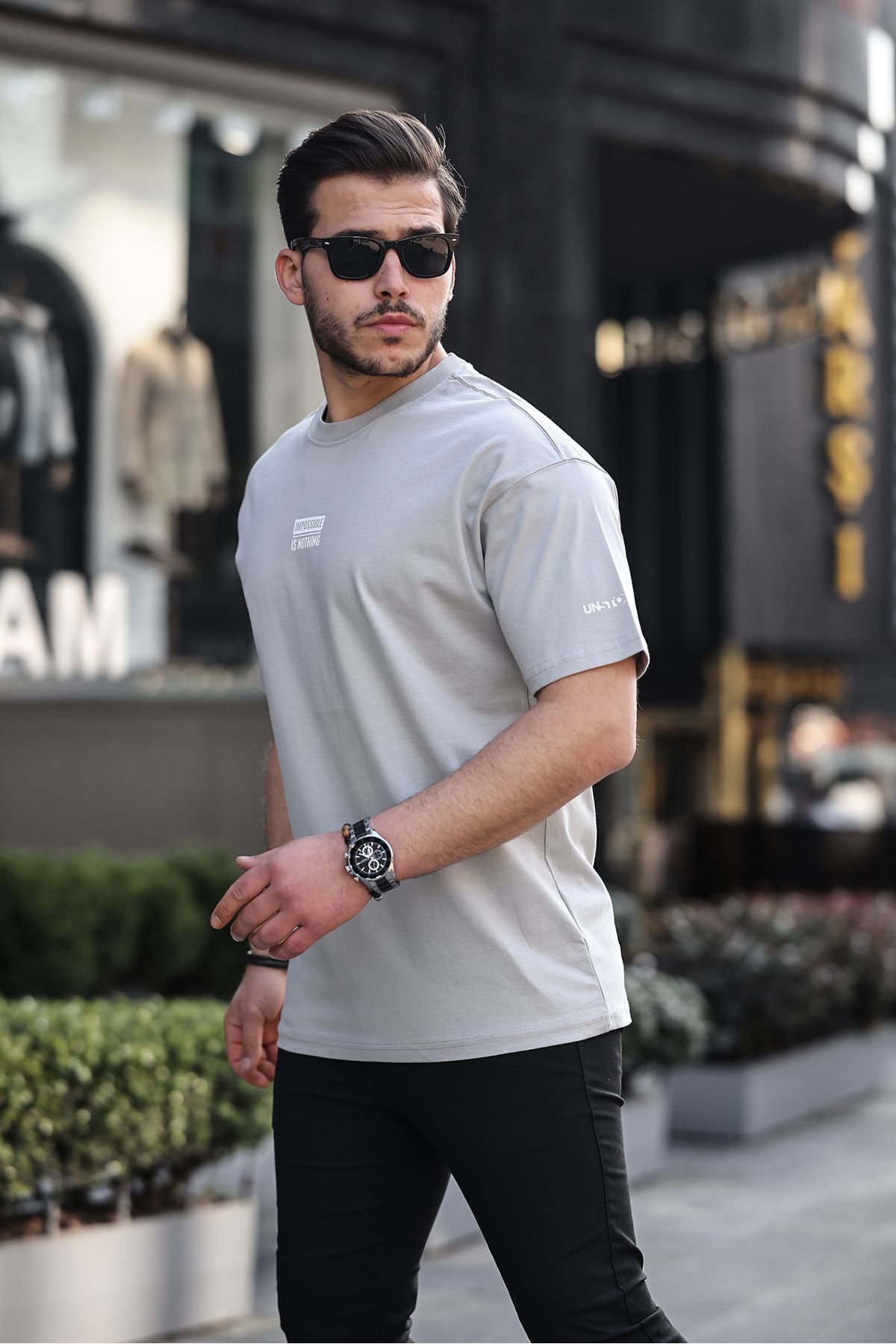 Taş Oversize %100 Pamuk 16/1 Kalın Gramaj Baskılı Erkek T-Shirt 3012