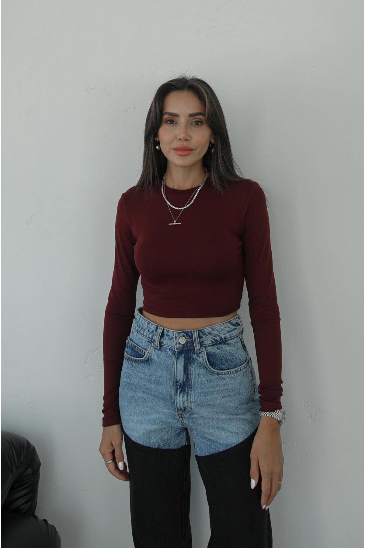 Bordo Uzun Kollu Crop Top