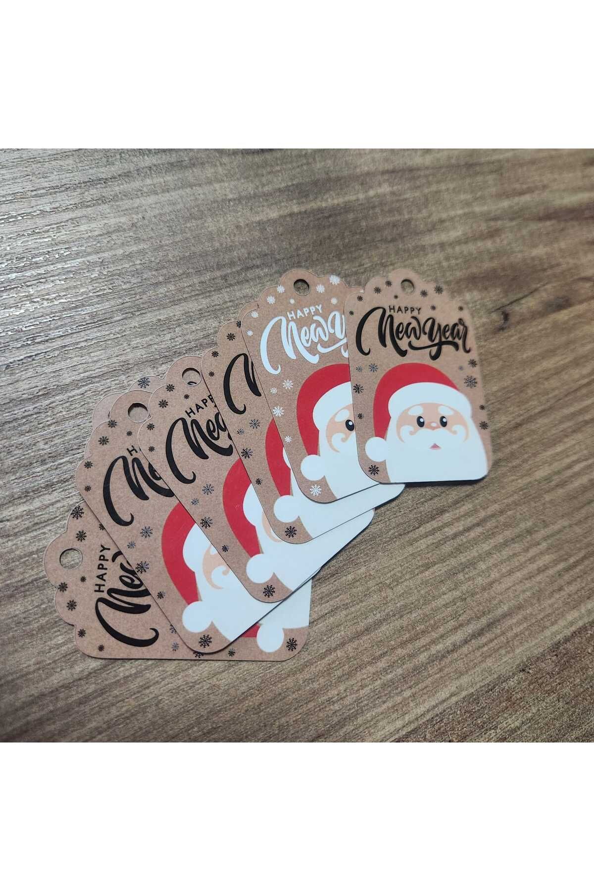 Hediye Paketleme Delikli Karton Etiket - Yeni Yıl Mutlu Yıllar - Happy New Year Noel Baba - 45 Adet