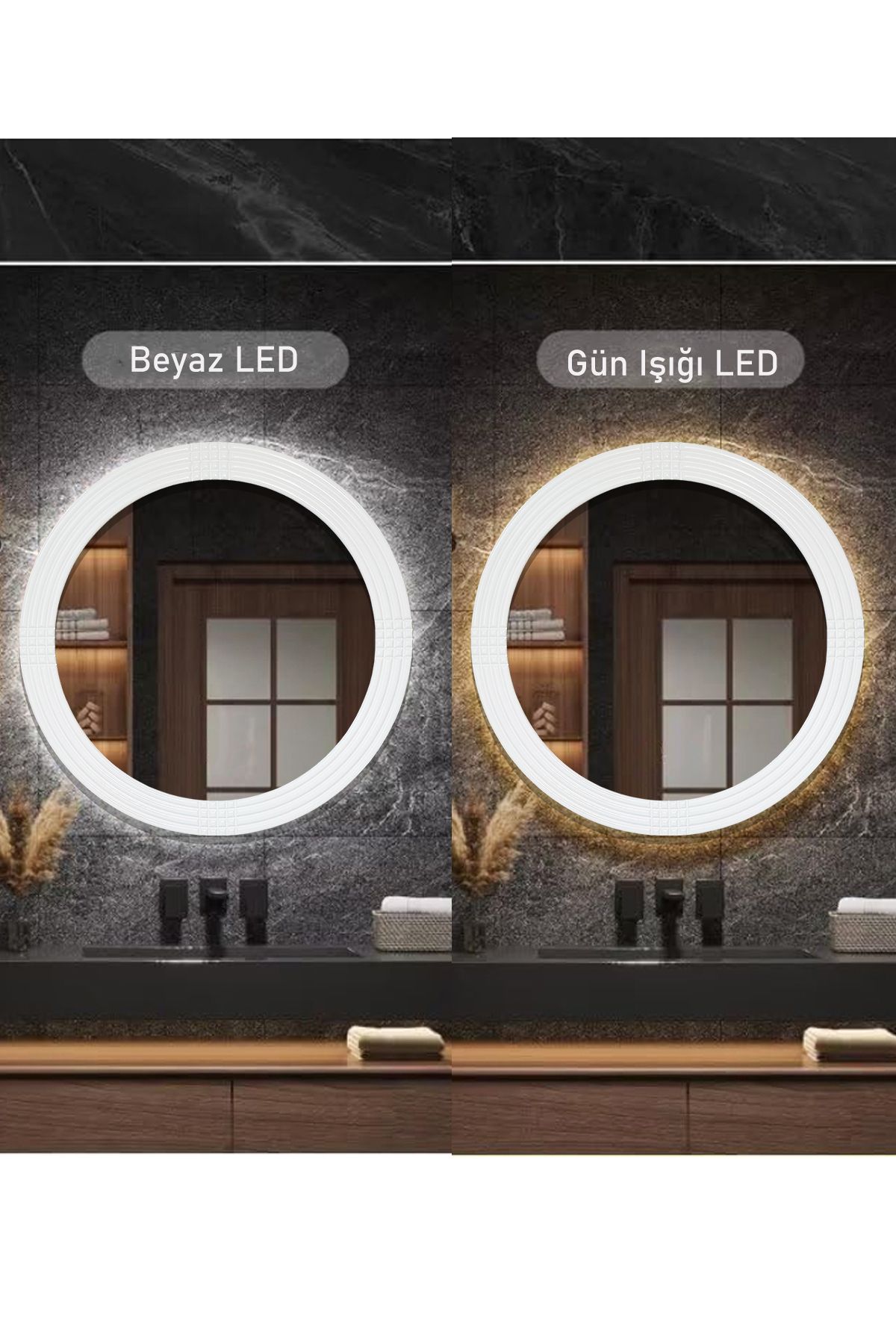 Led'li Işıklı Safir Beyaz Dekoratif Ayna Yuvarlak Ayna İşlemeli Ahşap Duvar Aynası Tekli - 69 Cm