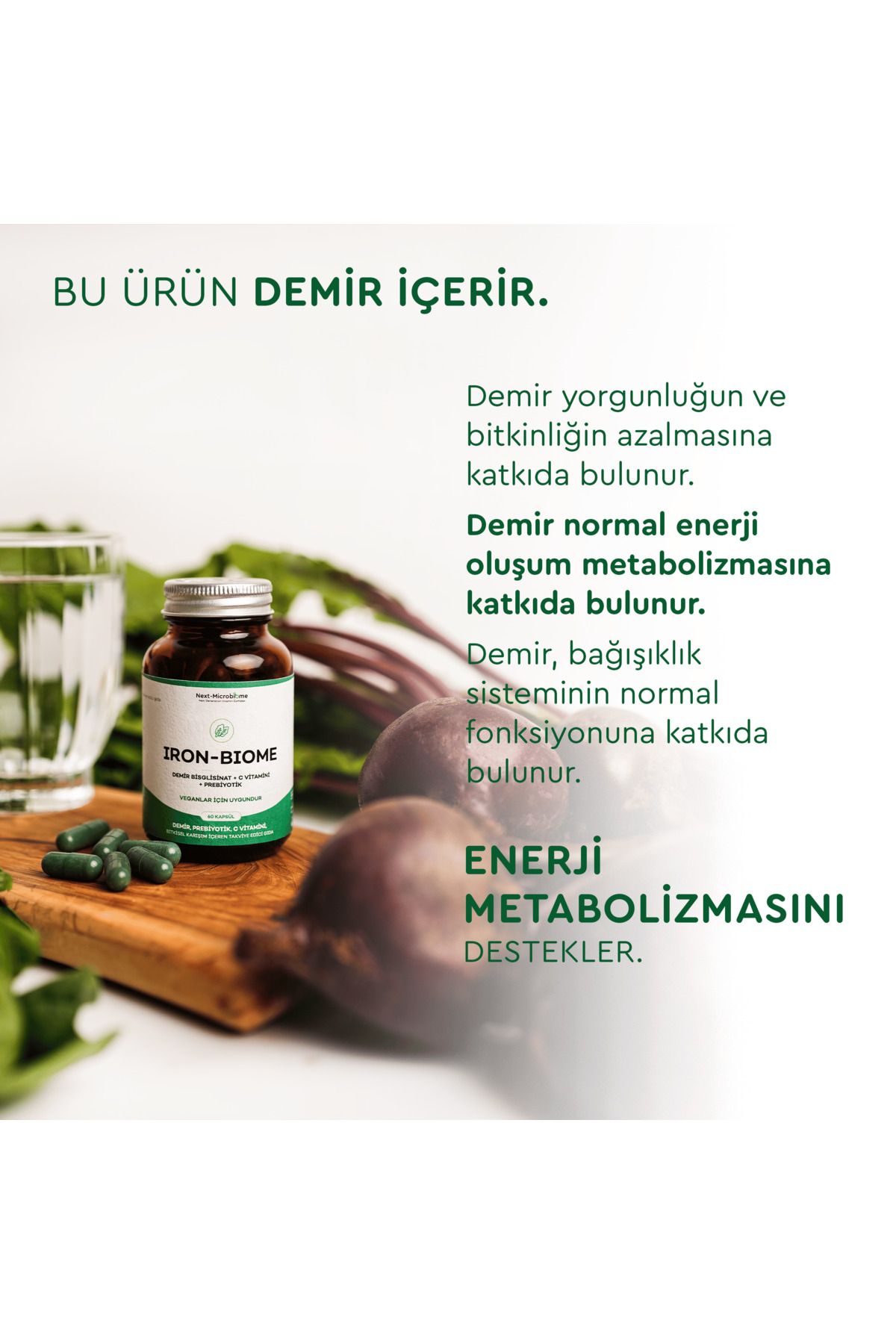 Iron-Biome Demir, Prebiyotik, C-Vitamini, Bitkisel Karışım İçeren Takviye Edici Gıda (60 Kapsül)