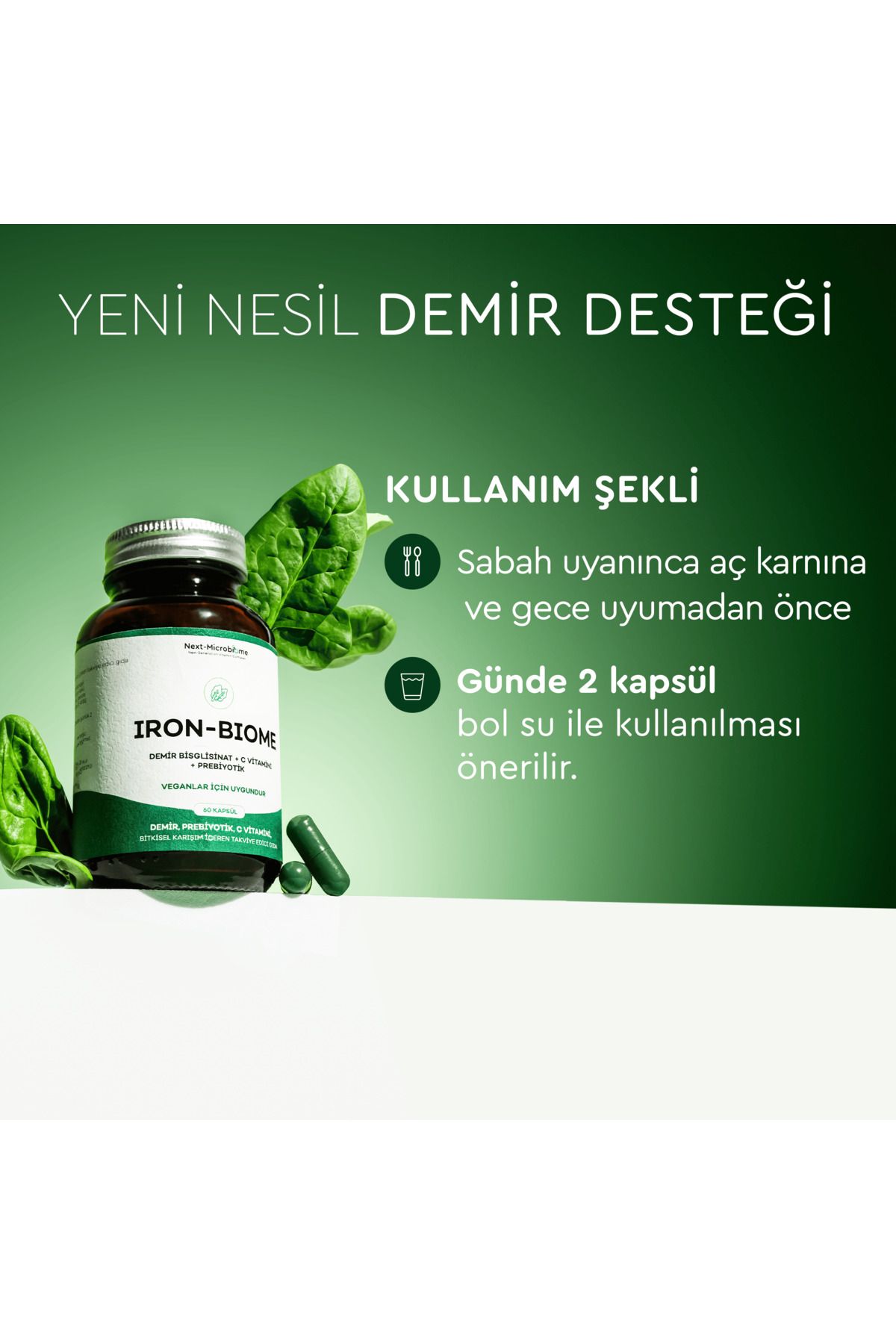 Iron-Biome Demir, Prebiyotik, C-Vitamini, Bitkisel Karışım İçeren Takviye Edici Gıda (60 Kapsül)