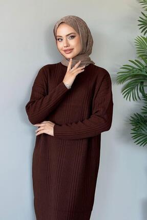 Fitilli Triko Elbise Kahverengi Image 1