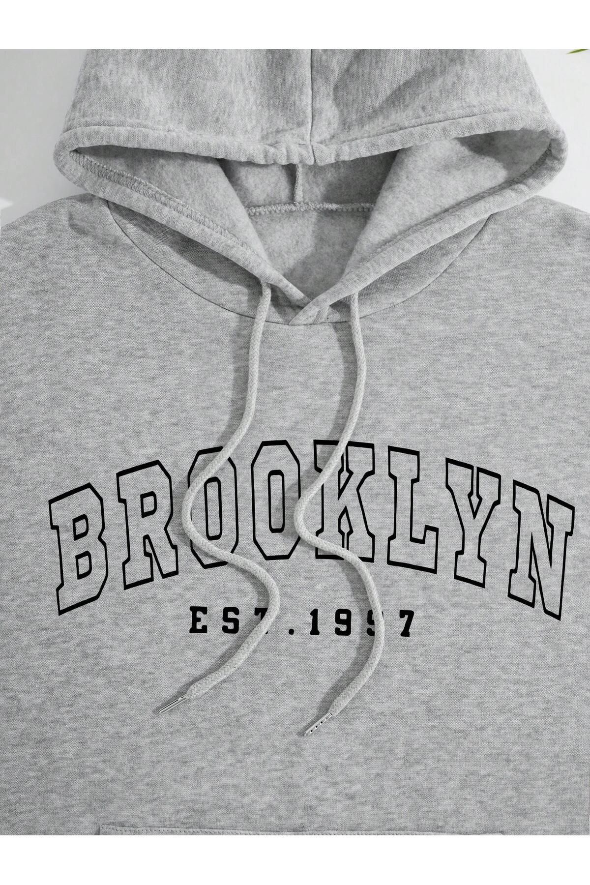 Brooklyn NEW YORK Baskılı Kapüşonlu Unisex Oversize Sweatshirt