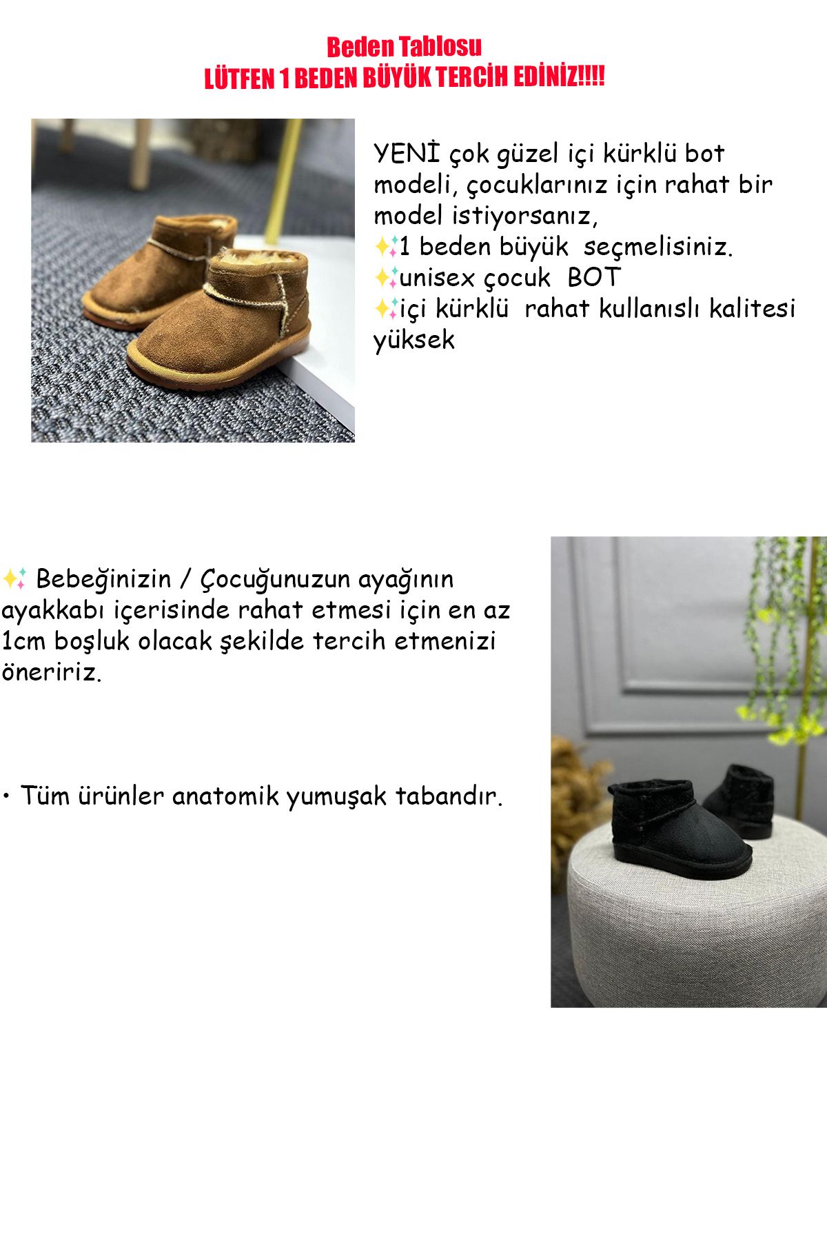 Unisex Çocuk Kalın Taban İçi Tüylü Günlük Mini Yarım Bot