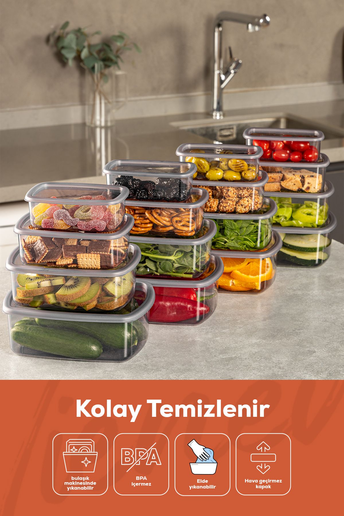 24lü Hava Geçirmez Saklama Kabı Seti Antrasit 6x(250-500-750-1200 ml)