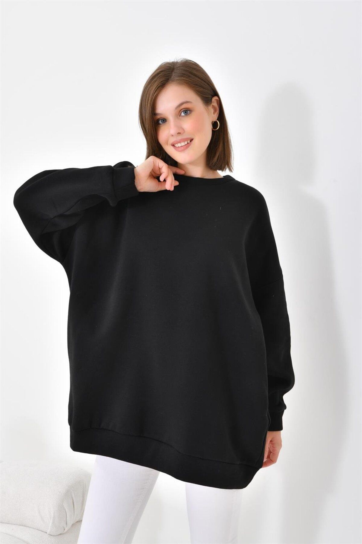 Kadın Oversize 3 Ip Şardonlu Sweatshirt Siyah 10001