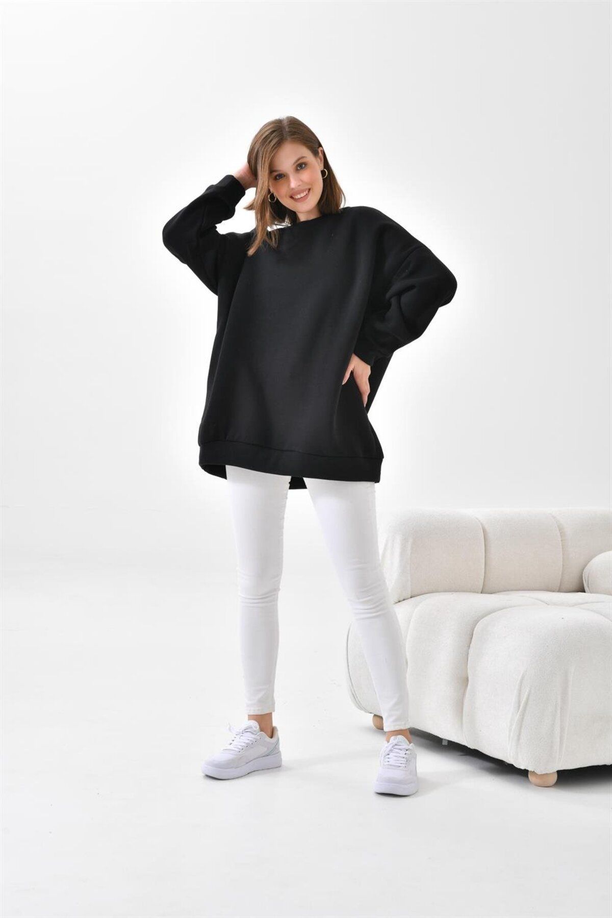 Kadın Oversize 3 Ip Şardonlu Sweatshirt Siyah 10001