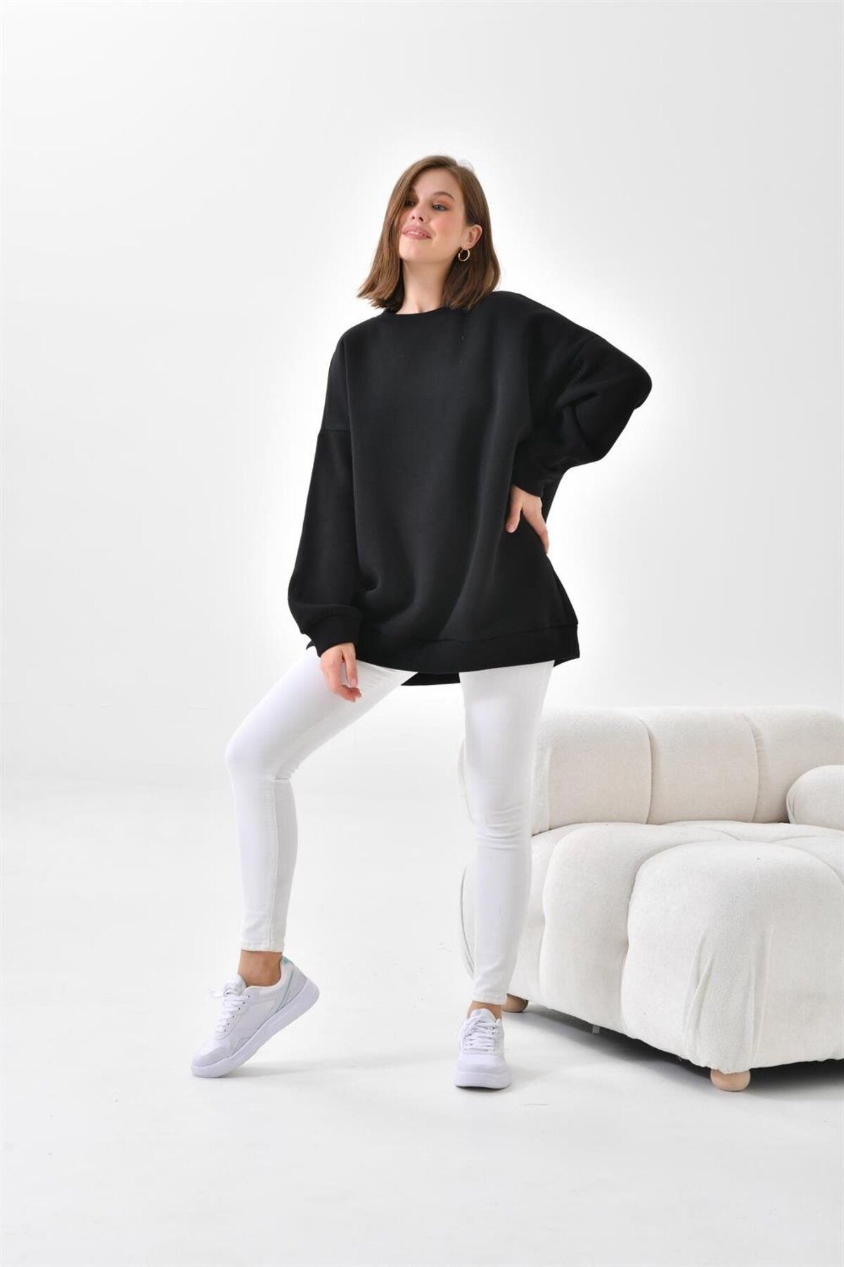 Kadın Oversize 3 Ip Şardonlu Sweatshirt Siyah 10001