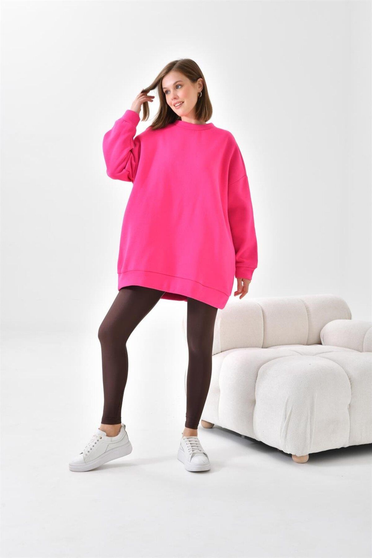 Kadın Oversize 3 Ip Şardonlu Sweatshirt Fuşya 10001