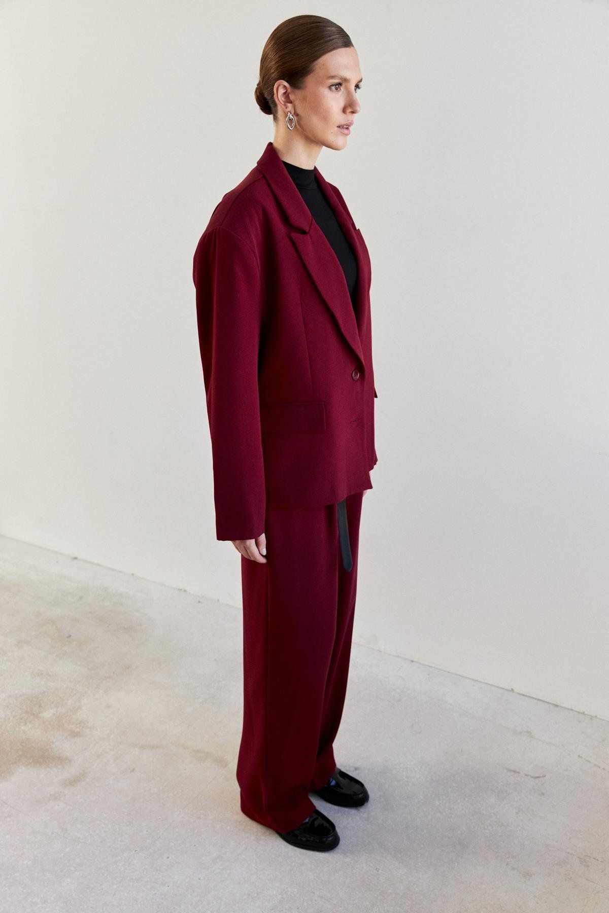 Oversize Vatkalı Bordo Kadın Blazer Ceket