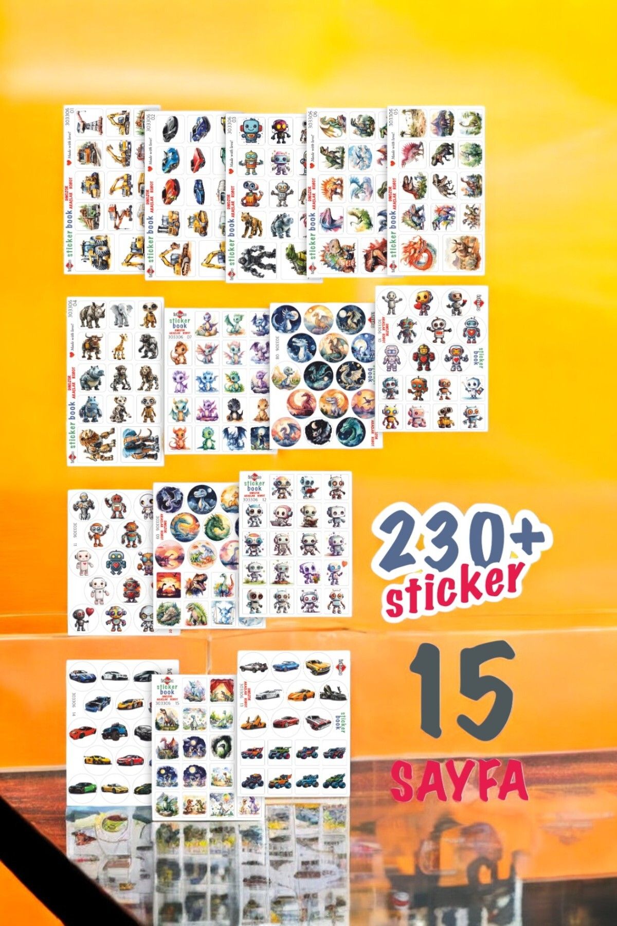 15 Sayfa 230+ Dinozor Araçlar Robot Sticker Book Etiket Kitabı Sticker Defteri A5 Boyut Etiket Seti