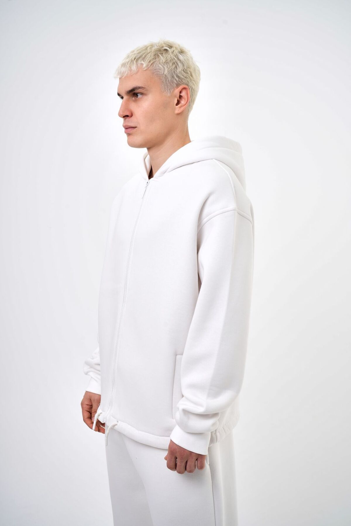 Kapüşonlu Basic Basic Zip Oversize Hoodie Ekru