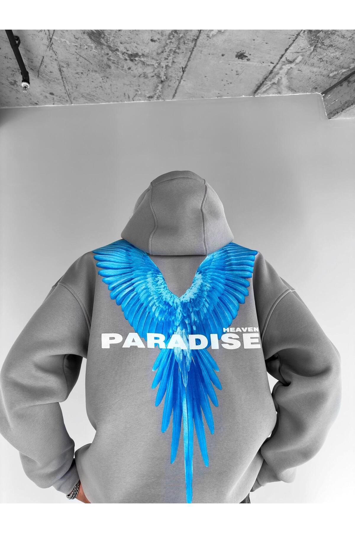 Erkek Oversize Paradise Baskılı Hoodie Gri